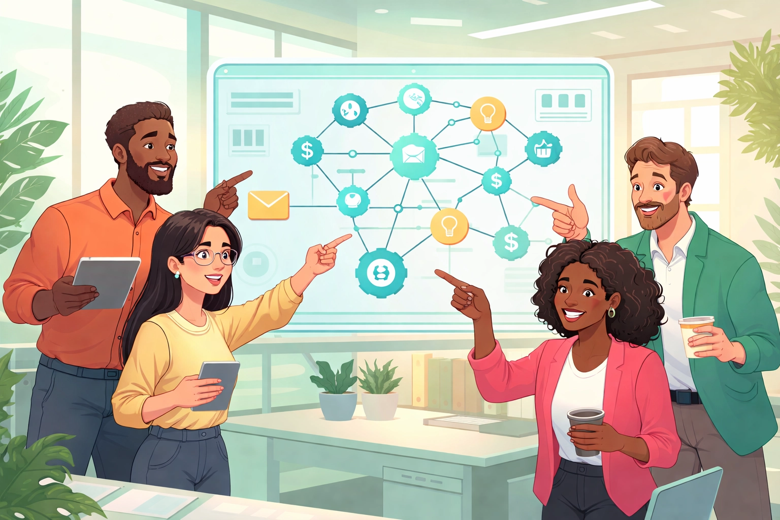 Diverse team collaborating around a unified dashboard, illustrating business visibility and teamwork benefits.