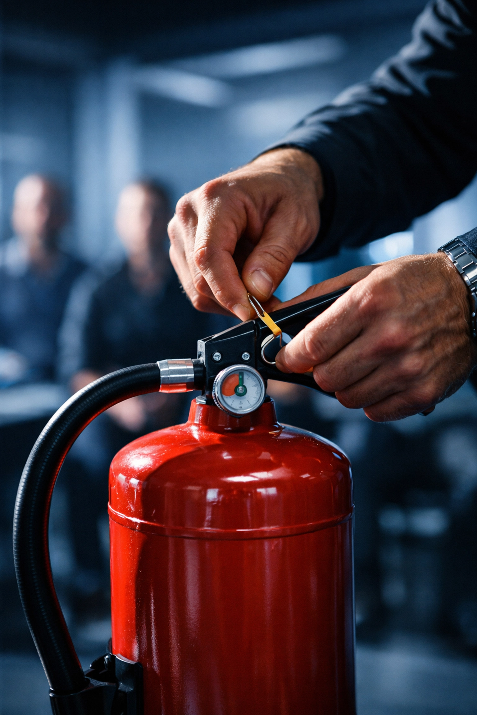 Instructor demonstrating proper fire extinguisher operation during hands-on emergency training