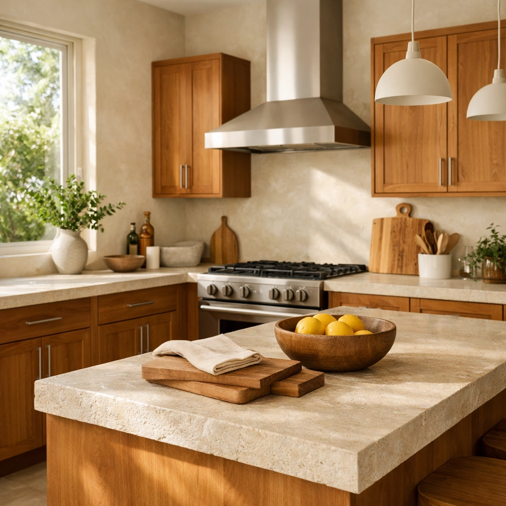 Modern kitchen remodeling Orlando with warm wood cabinets and natural limestone countertops