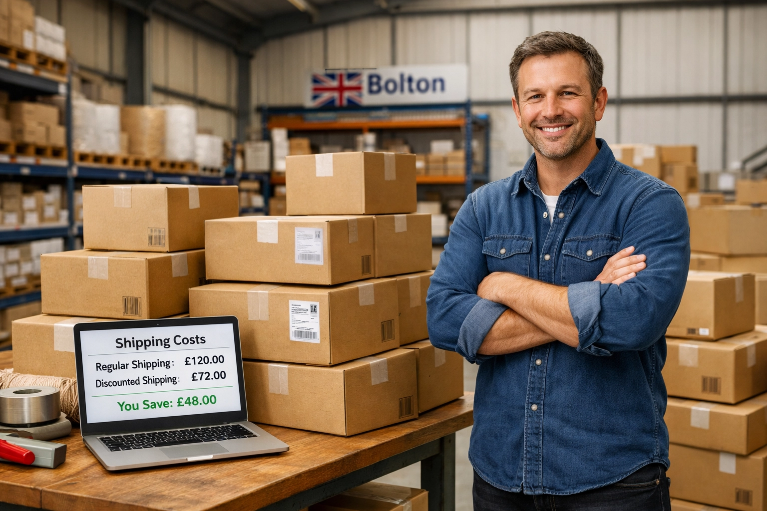 Bolton business owner reviewing shipping cost savings with stacked parcels