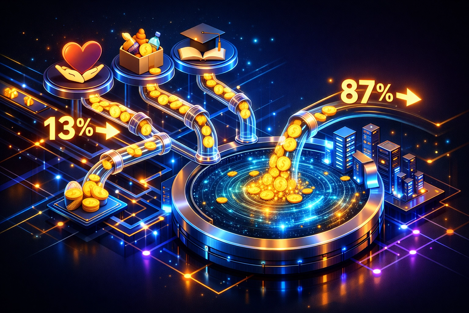 Cryptocurrency ecosystem diagram showing 1.5% transaction allocation flowing to global charities and infrastructure