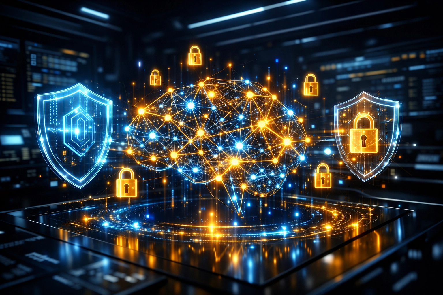 Futuristic digital dashboard representing AI-powered fraud protection for secure Web3 payment processing.