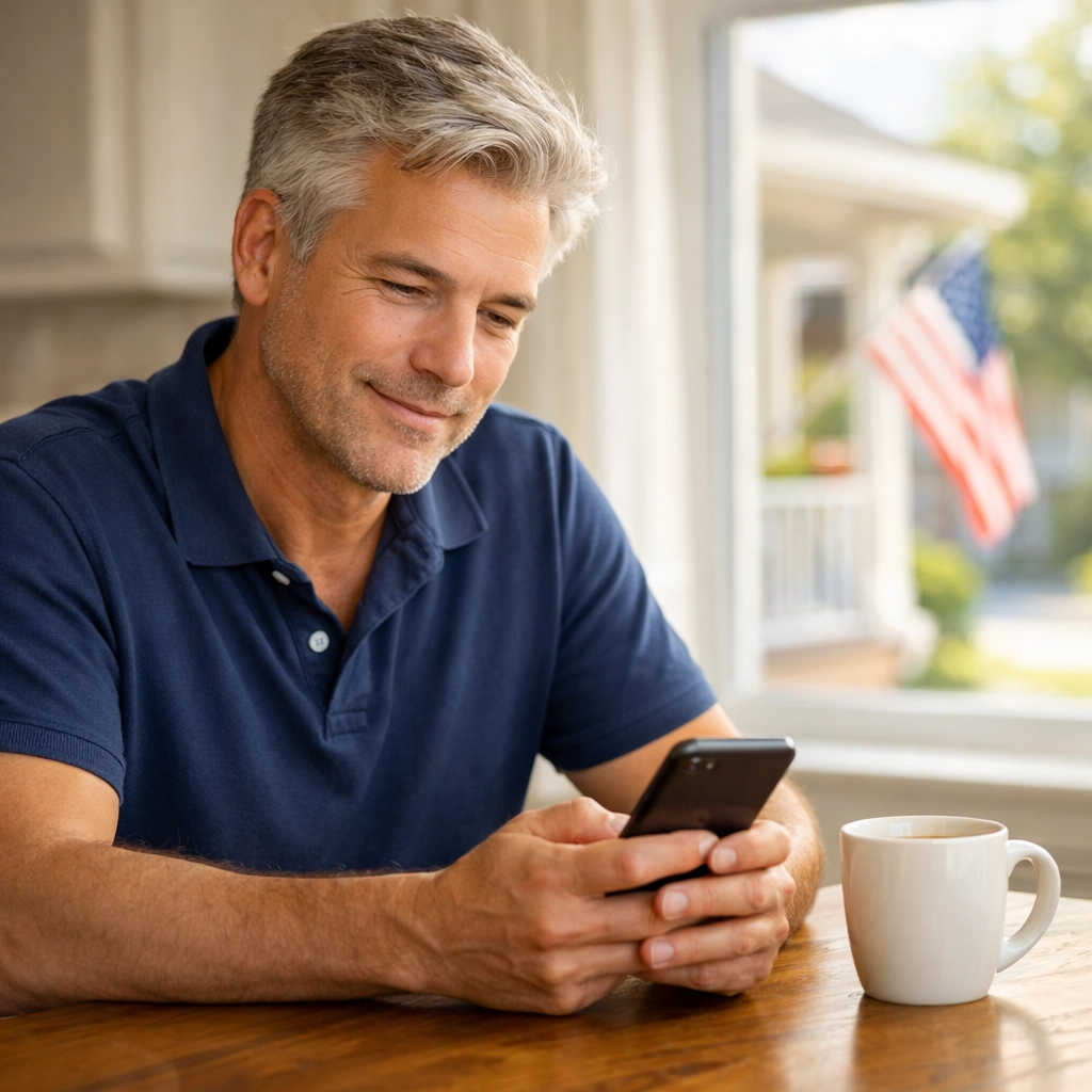 A man gaining daily perspective for America’s 250th by reading a patriotic civic education newsletter.