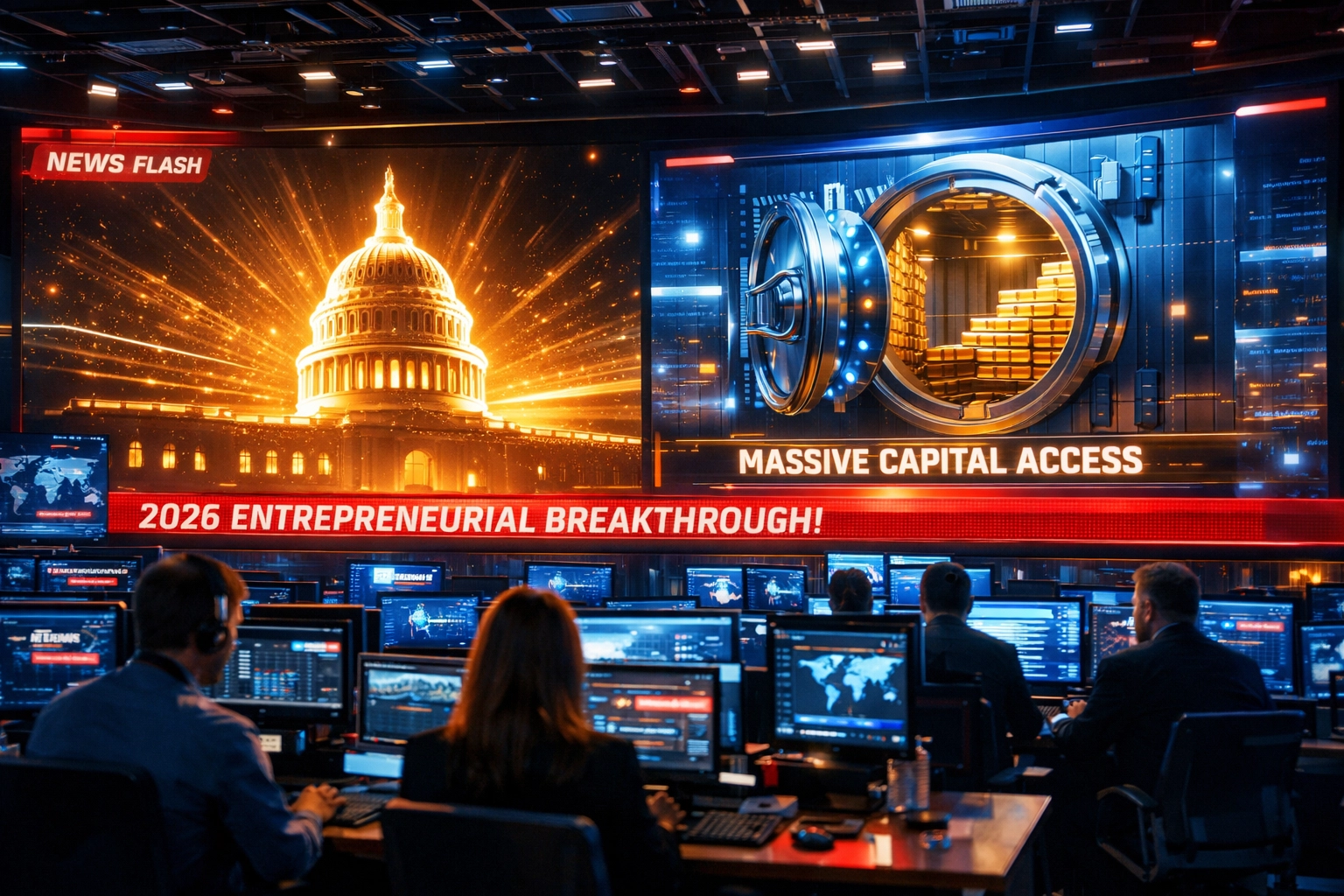 Modern newsroom displays showing the US Capitol and a vault for 2026 small business capital access and SBA funding.