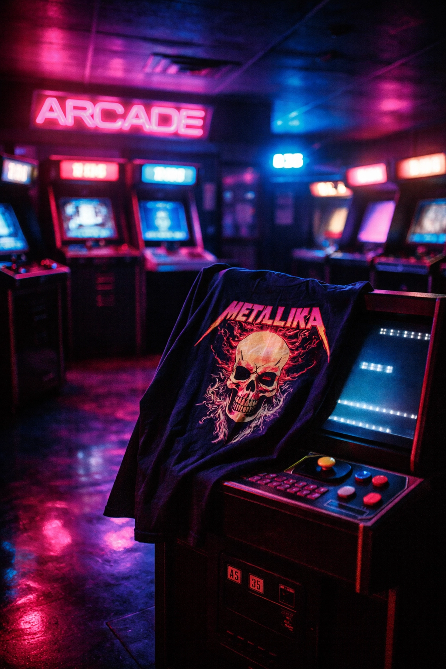 Retro 80s arcade scene with neon lights and a Stranger Things themed graphic tee for TV show fans