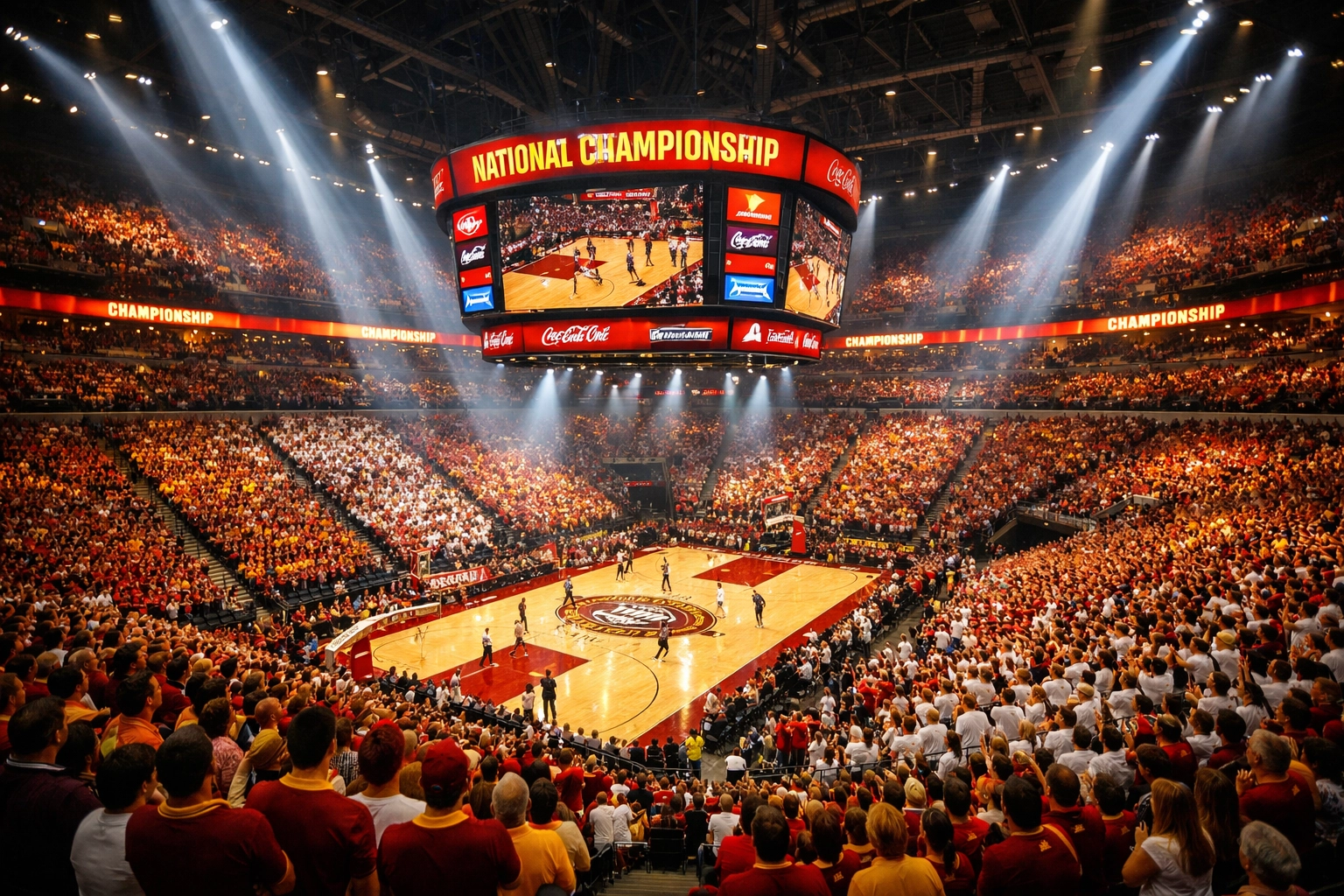 Packed sports arena with digital sponsor displays and engaged fans at championship event