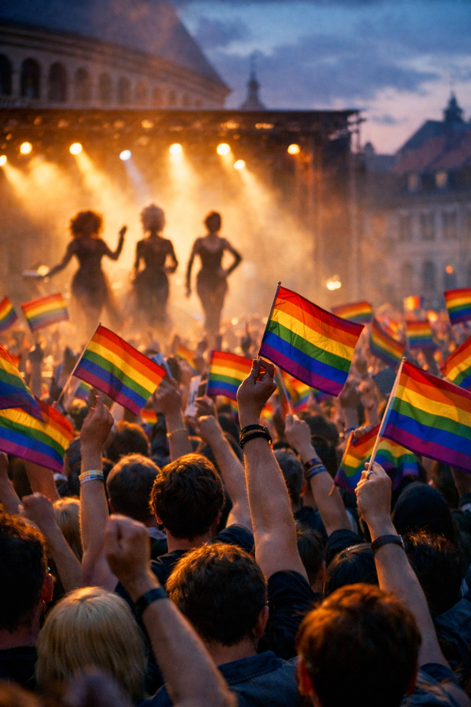 Eurovision crowd celebrating with rainbow flags supporting LGBTQ+ performers