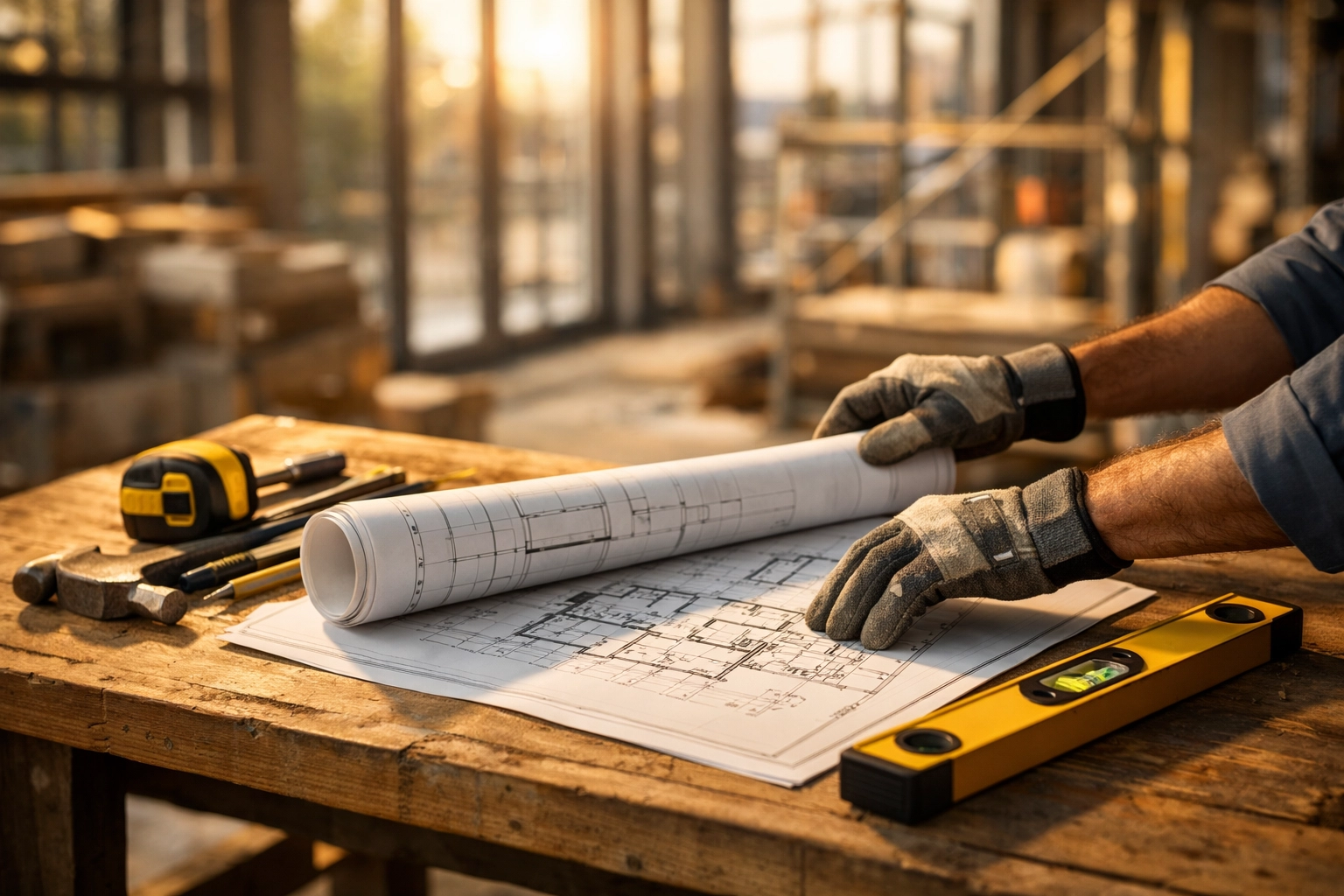 Construction blueprints on a workbench, illustrating project planning enabled by invoice factoring cash flow.