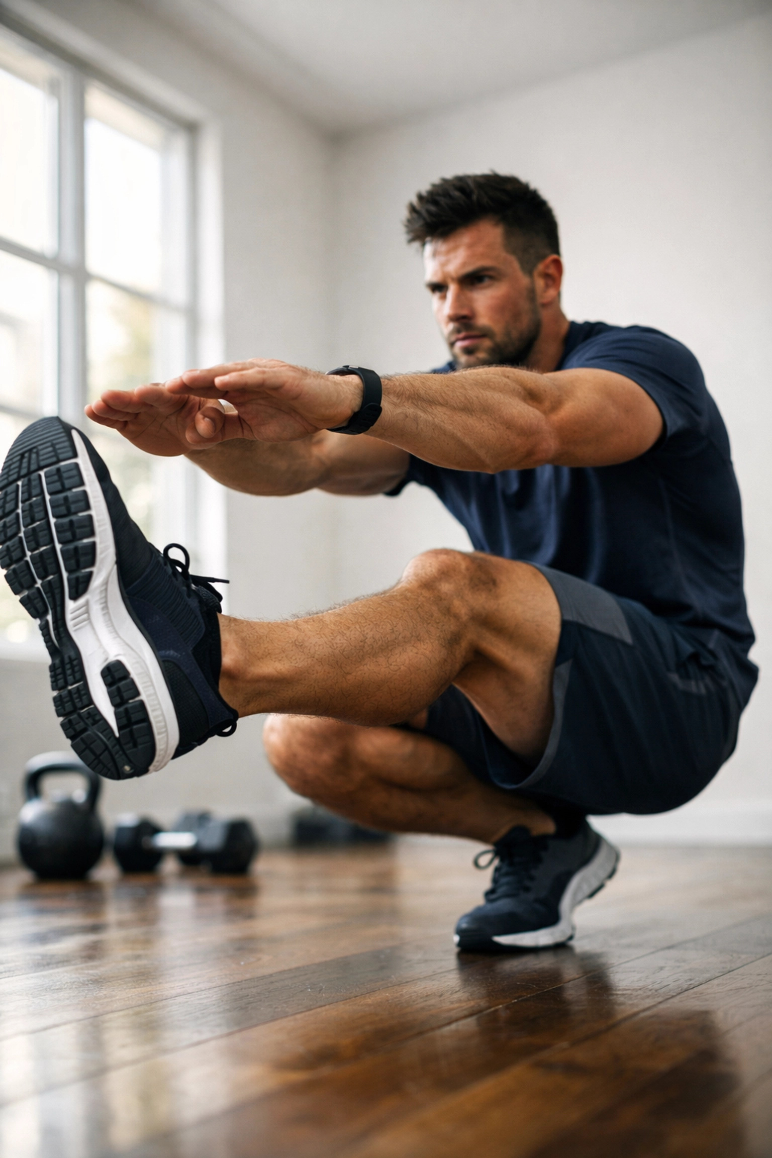 Athlete performing pistol squat bodyweight exercise at home demonstrating proper single-leg form