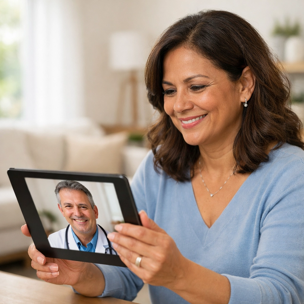 A patient consulting with an online weight loss doctor via tablet for professional medical supervision.