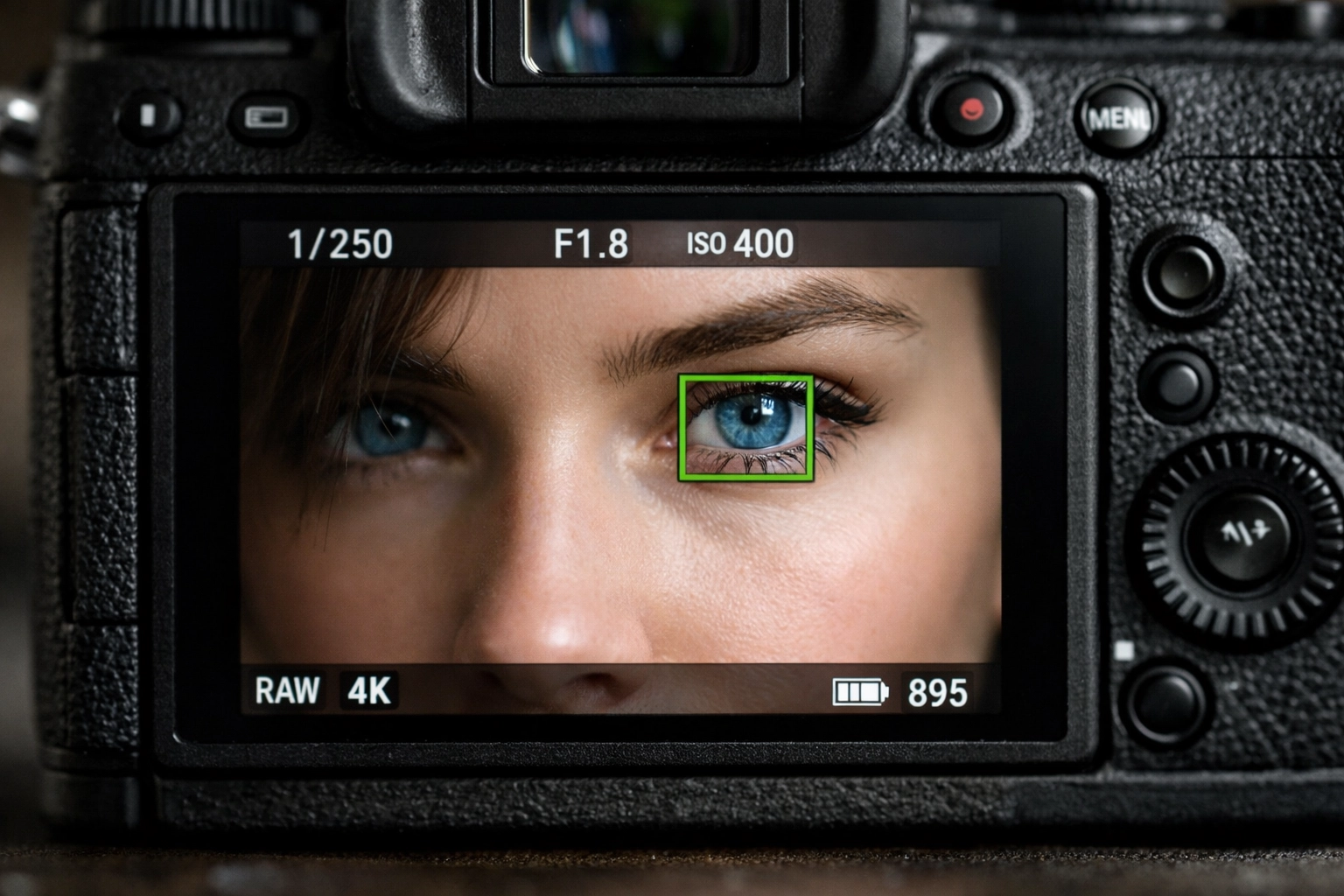 Mirrorless camera LCD screen showing precise eye autofocus tracking on a portrait subject.