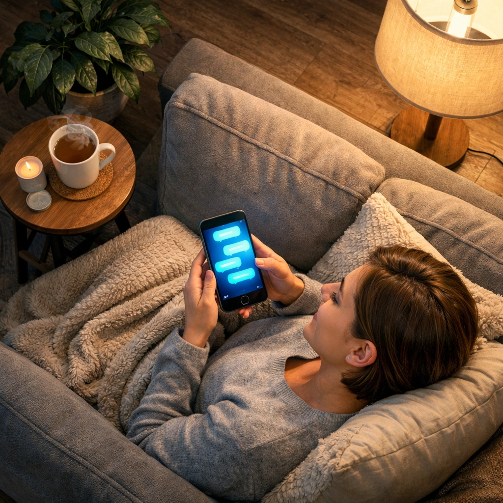 Patient relaxing at home chatting with doctor online via smartphone without waiting room