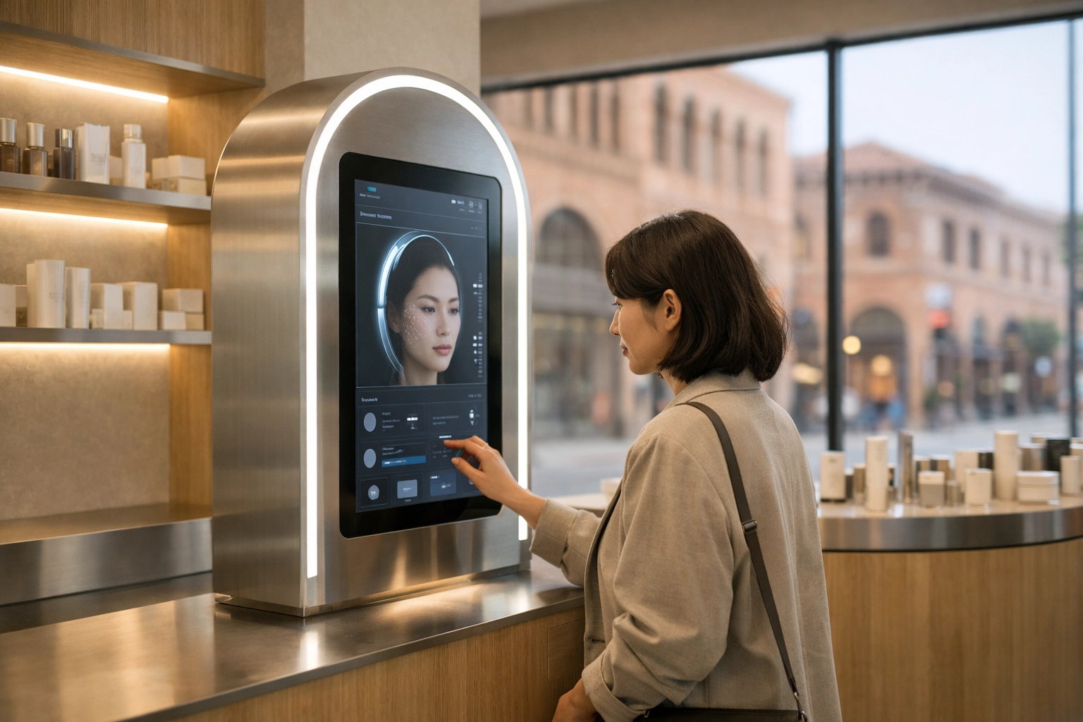 Customer using an AI skin diagnostic terminal in a minimalist CJ Olive Young Pasadena store.