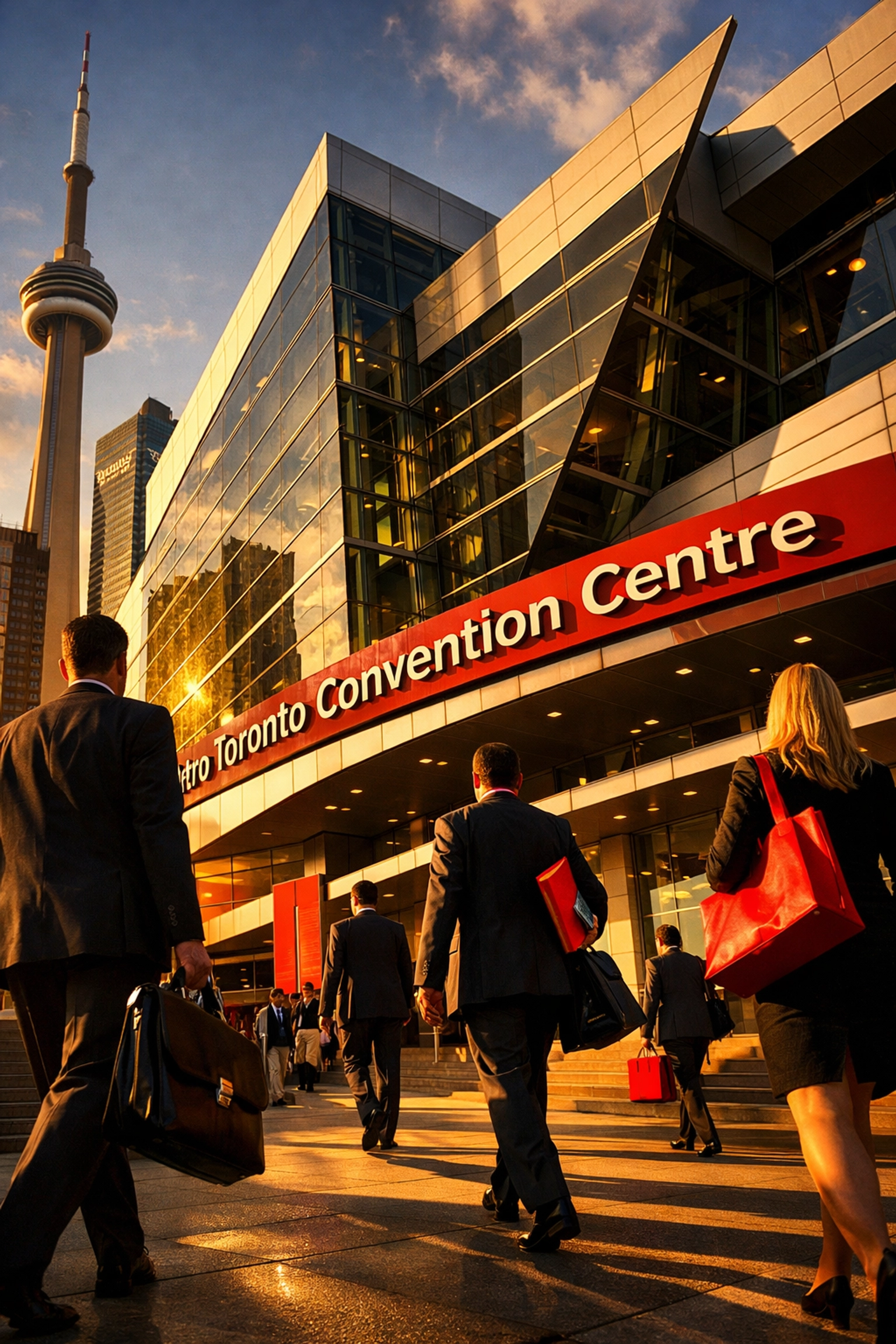Metro Toronto Convention Centre exterior with business professionals arriving for PDAC mining conference
