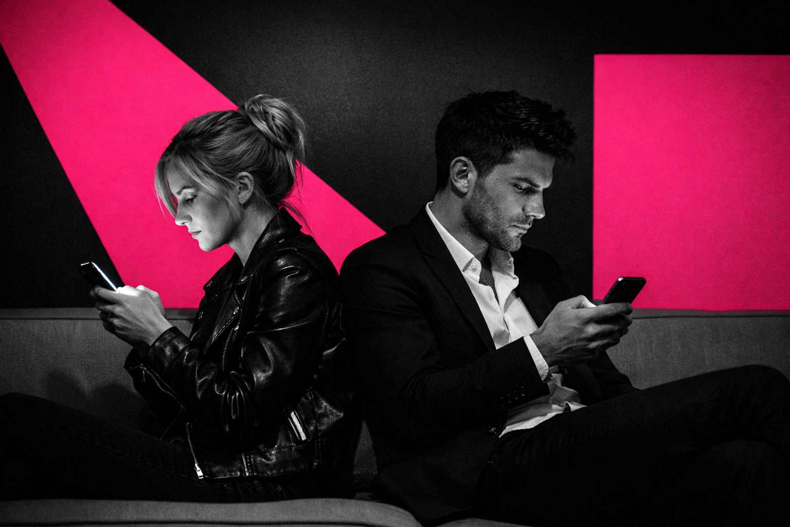 Couple sitting together on couch absorbed in smartphones showing partner phubbing and emotional distance