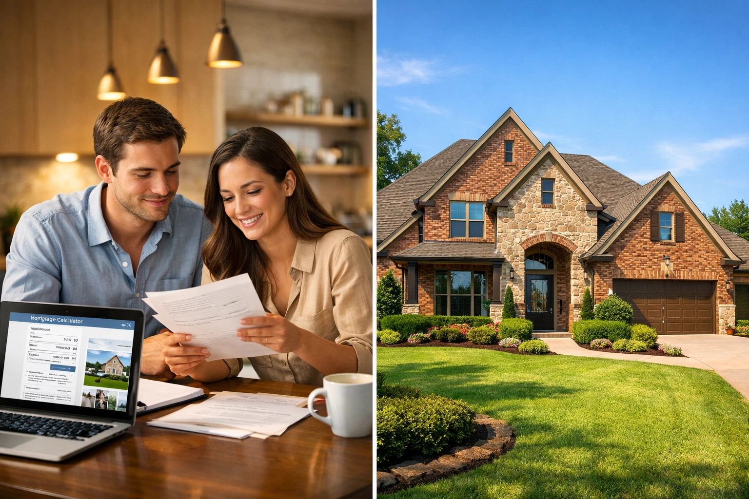 Couple reviewing mortgage options with a laptop and paperwork, alongside a beautiful suburban home, symbolizing the Houston housing market and homeownership opportunities.