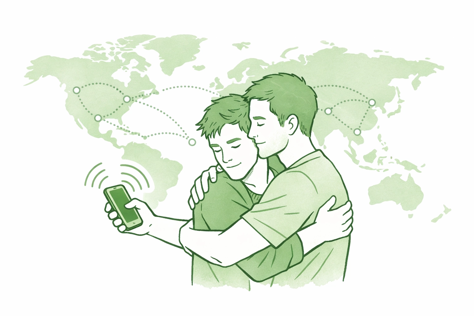 Gay couple connecting globally through podcast with world map background