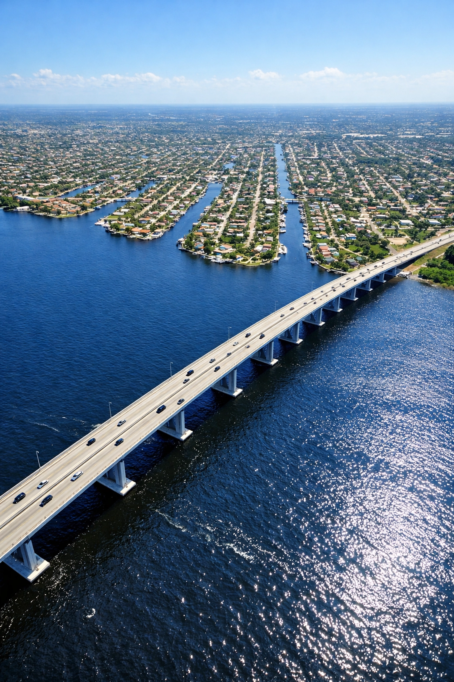 Aerial view of the Midpoint Bridge connecting the canal-filled quadrants of Cape Coral, Florida.