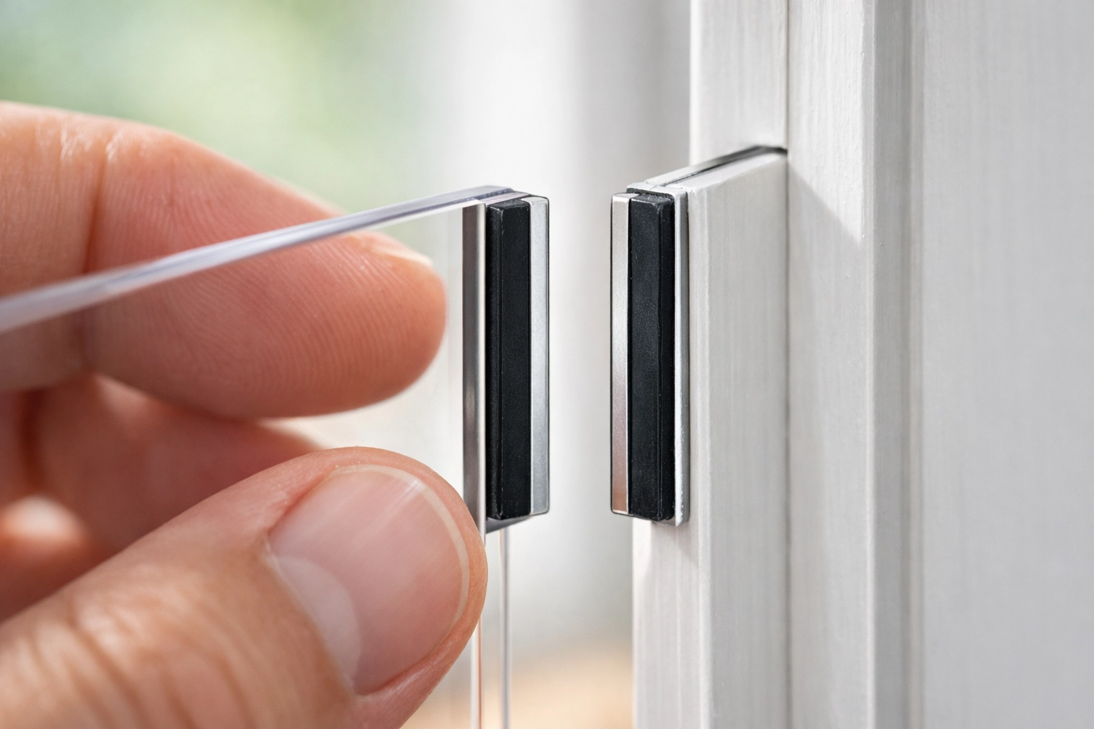 Close-up of magnetic strips attaching a DIY secondary glazing panel to a white window frame.