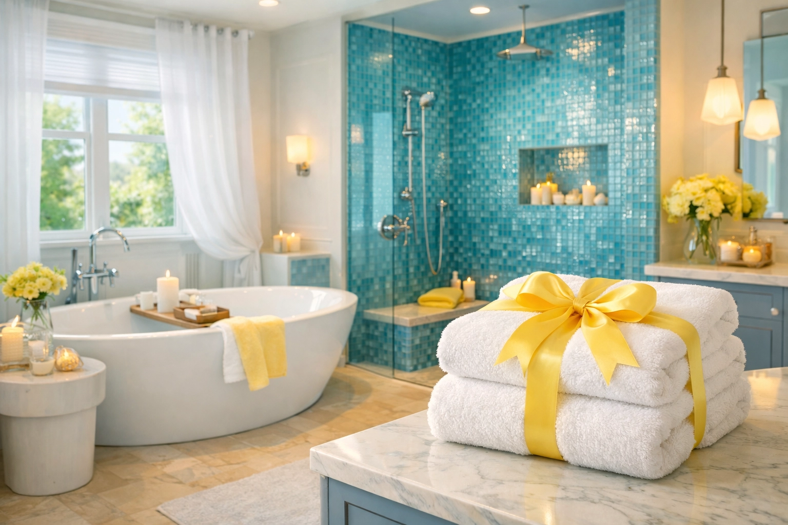 Serene and clean Duxbury bathroom retreat with sparkling blue tiles and a white soaking tub.