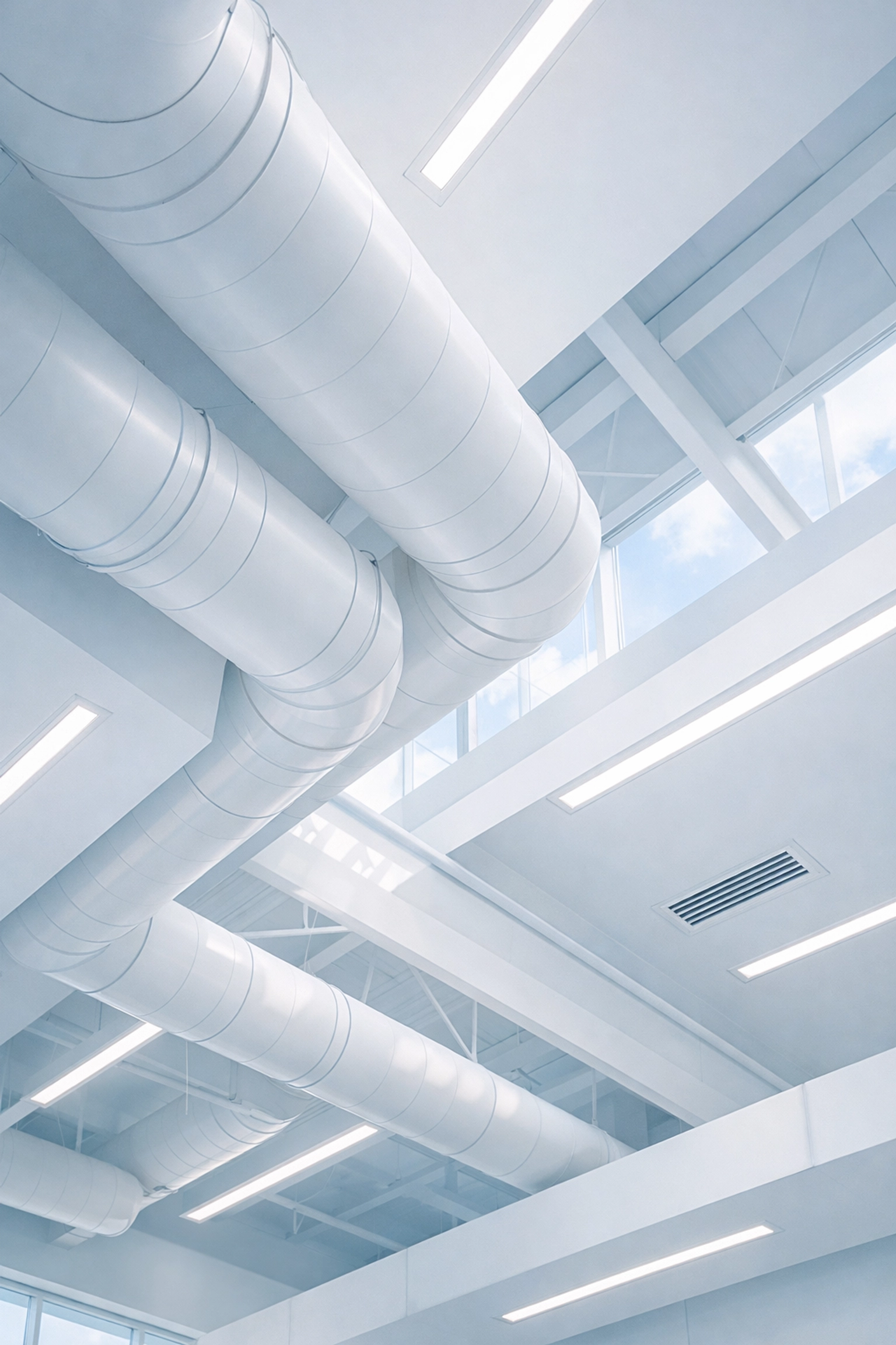 Clean industrial ceiling vents and ductwork in a Detroit office promoting healthy indoor air quality.