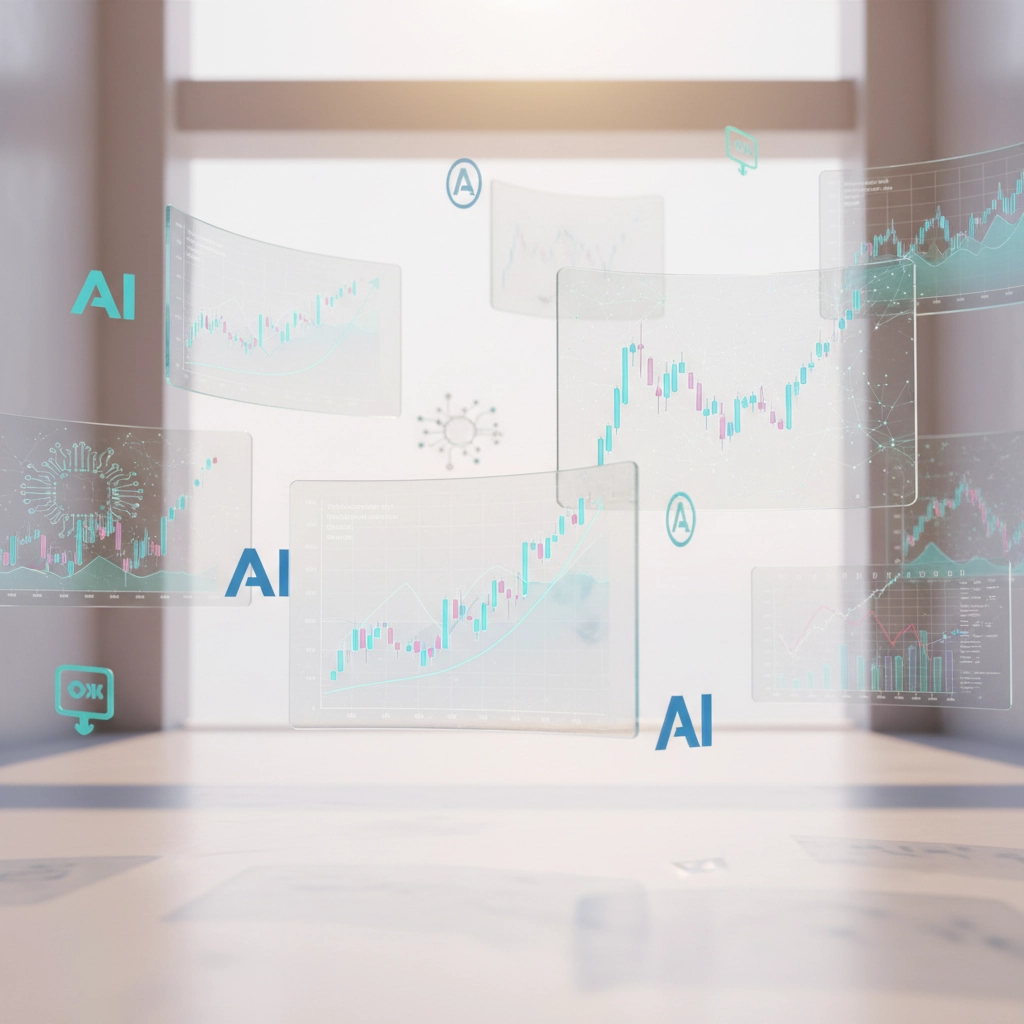 Floating digital charts with "AI" text and graphs on a light background. Bright, futuristic feel with a focus on data and technology.