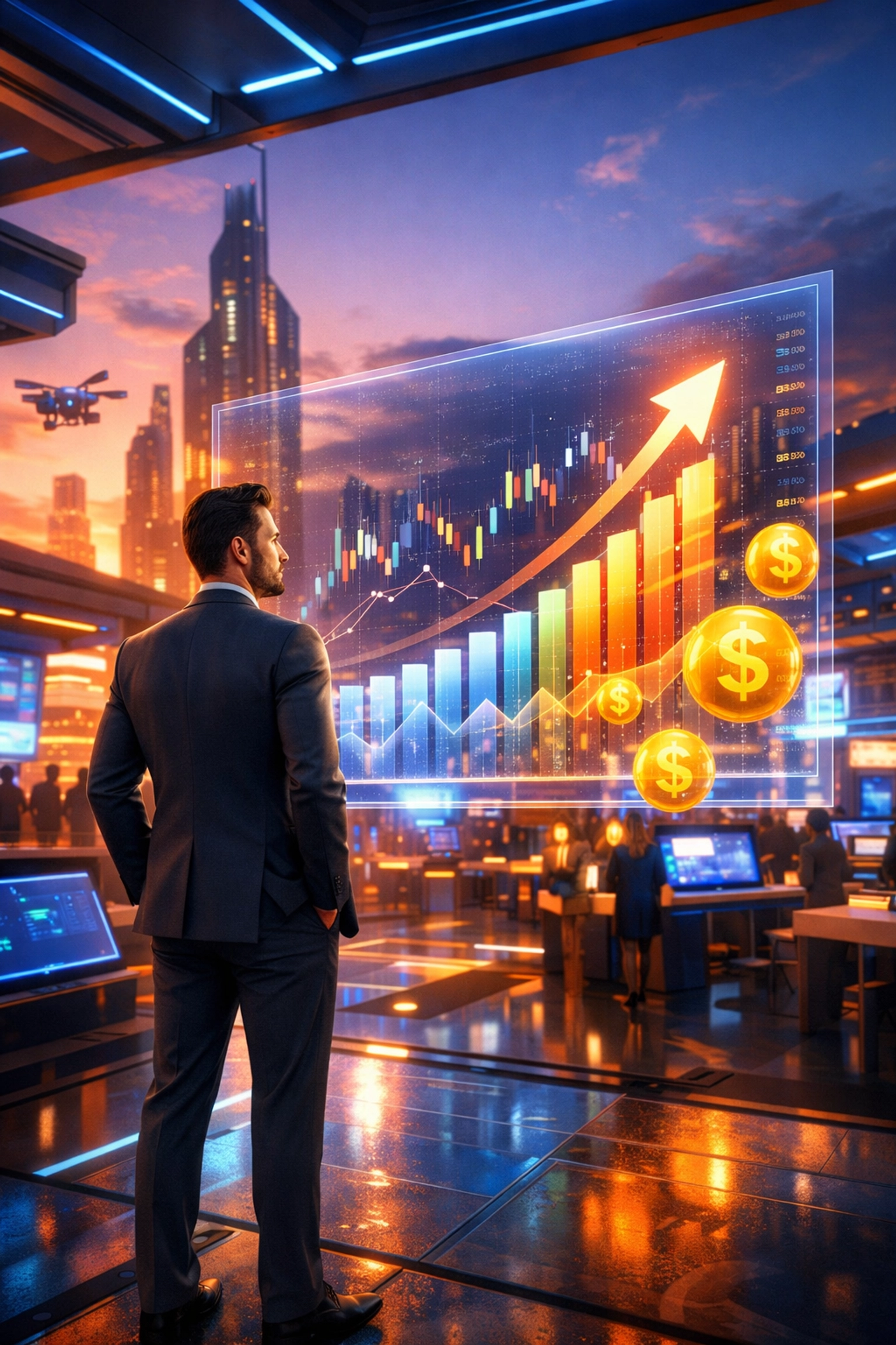 Entrepreneur managing a digital storefront in a futuristic metaverse marketplace using Larecoin.ai.