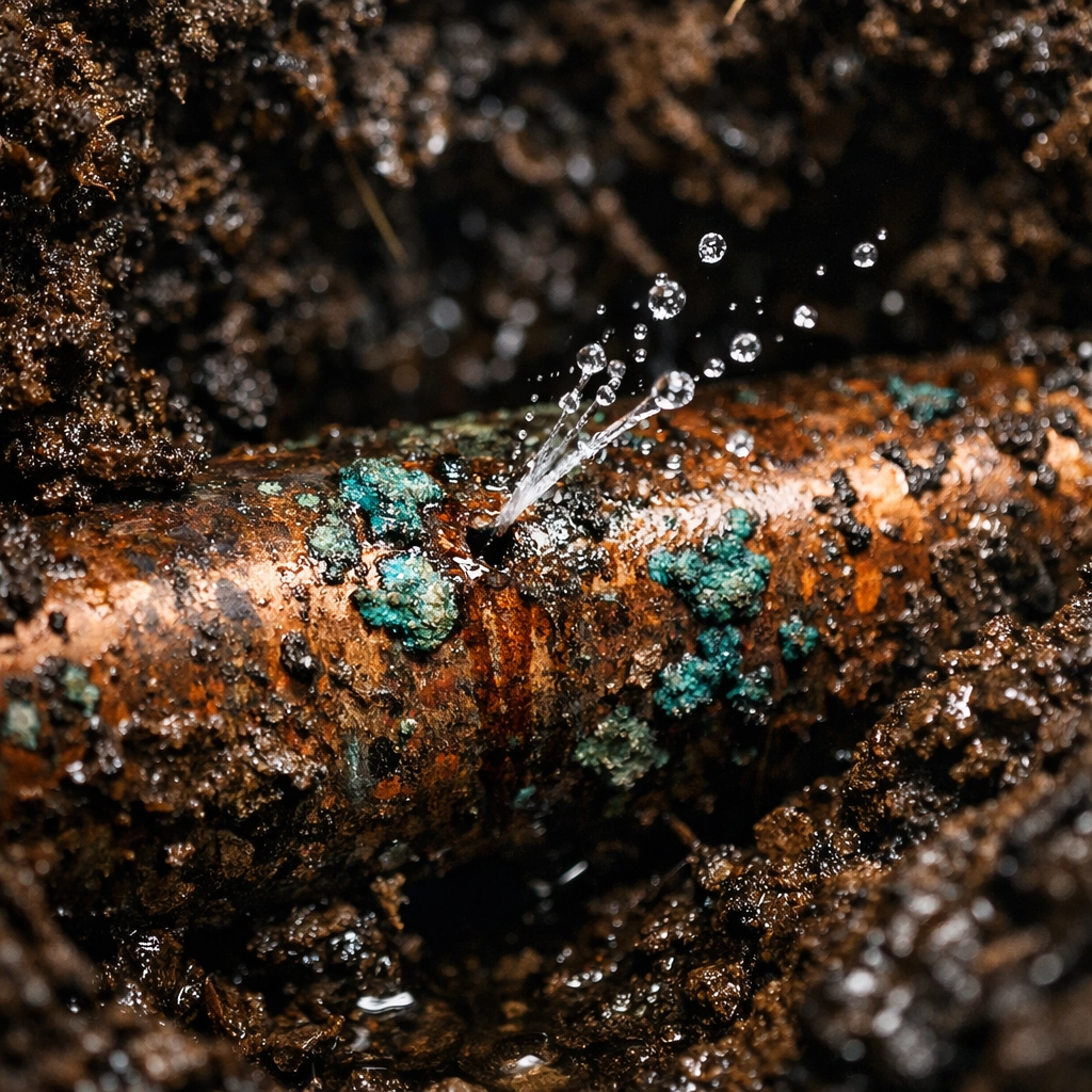 A corroded copper pipe with a pinhole leak spraying water into the soil beneath a home.