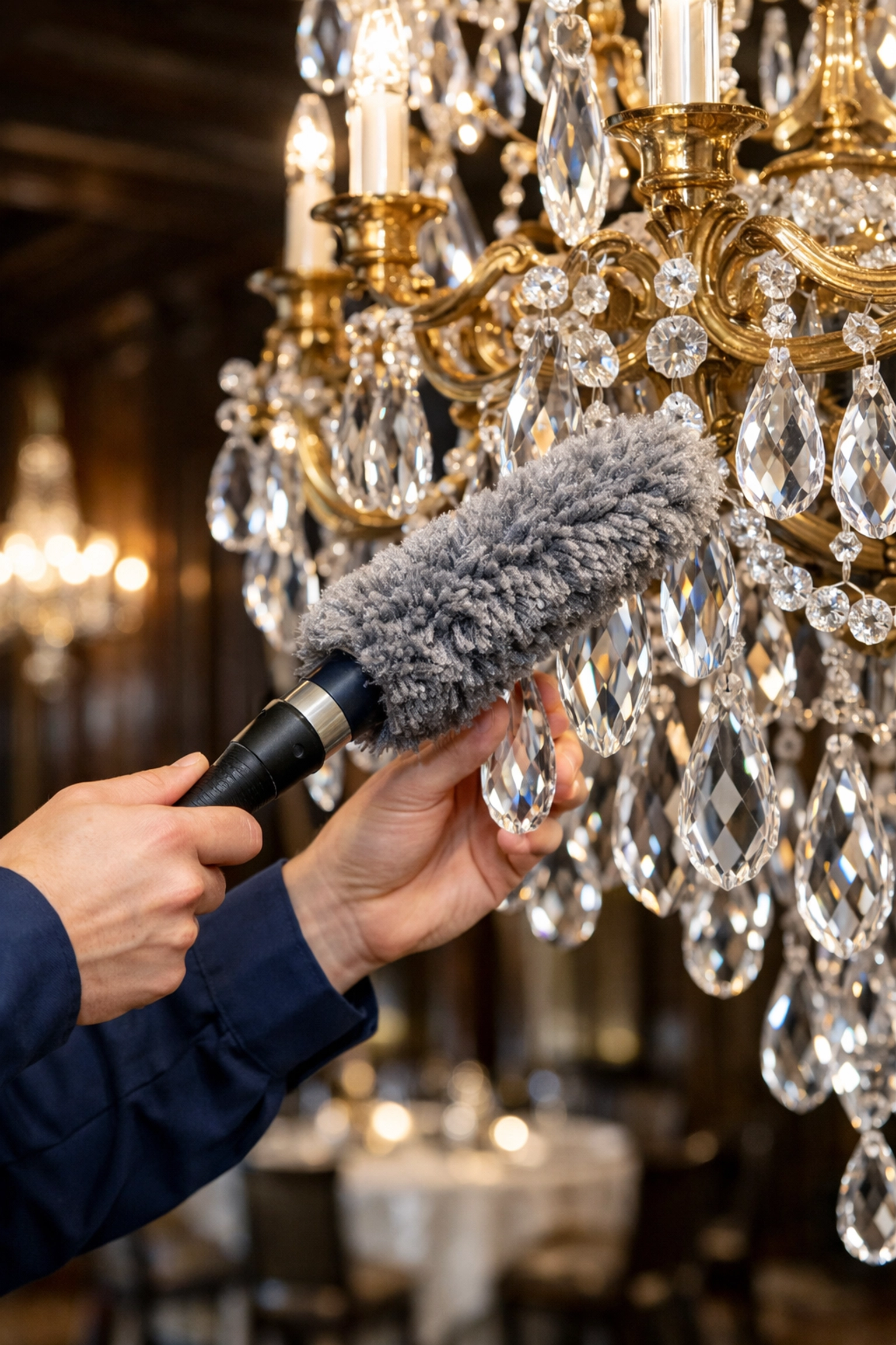 Professional cleaner performing luxury apartment cleaning in Boston by meticulously dusting a crystal chandelier.