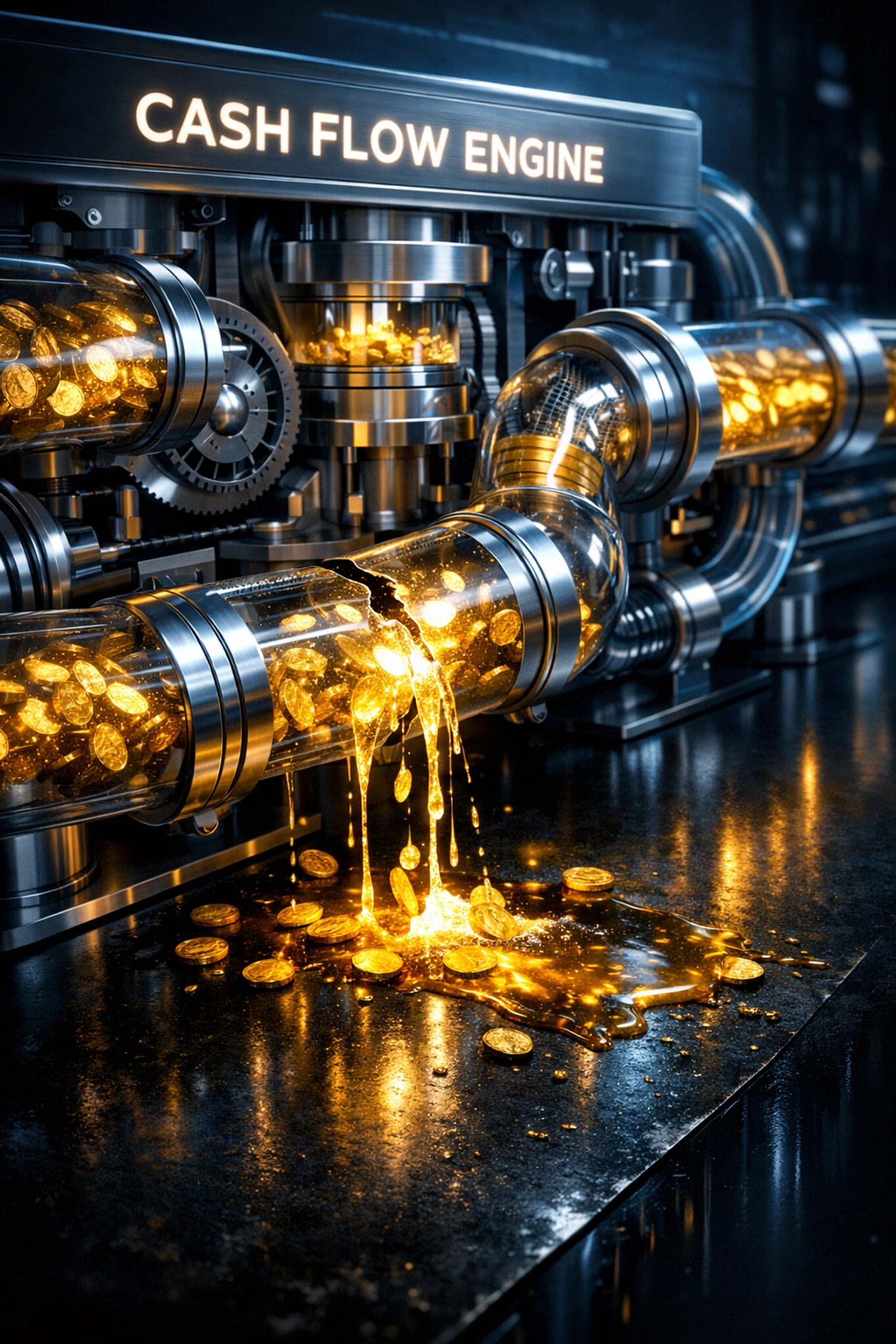 Leaking cash flow engine representing the financial drain caused by poor record-keeping and ROI strategy.