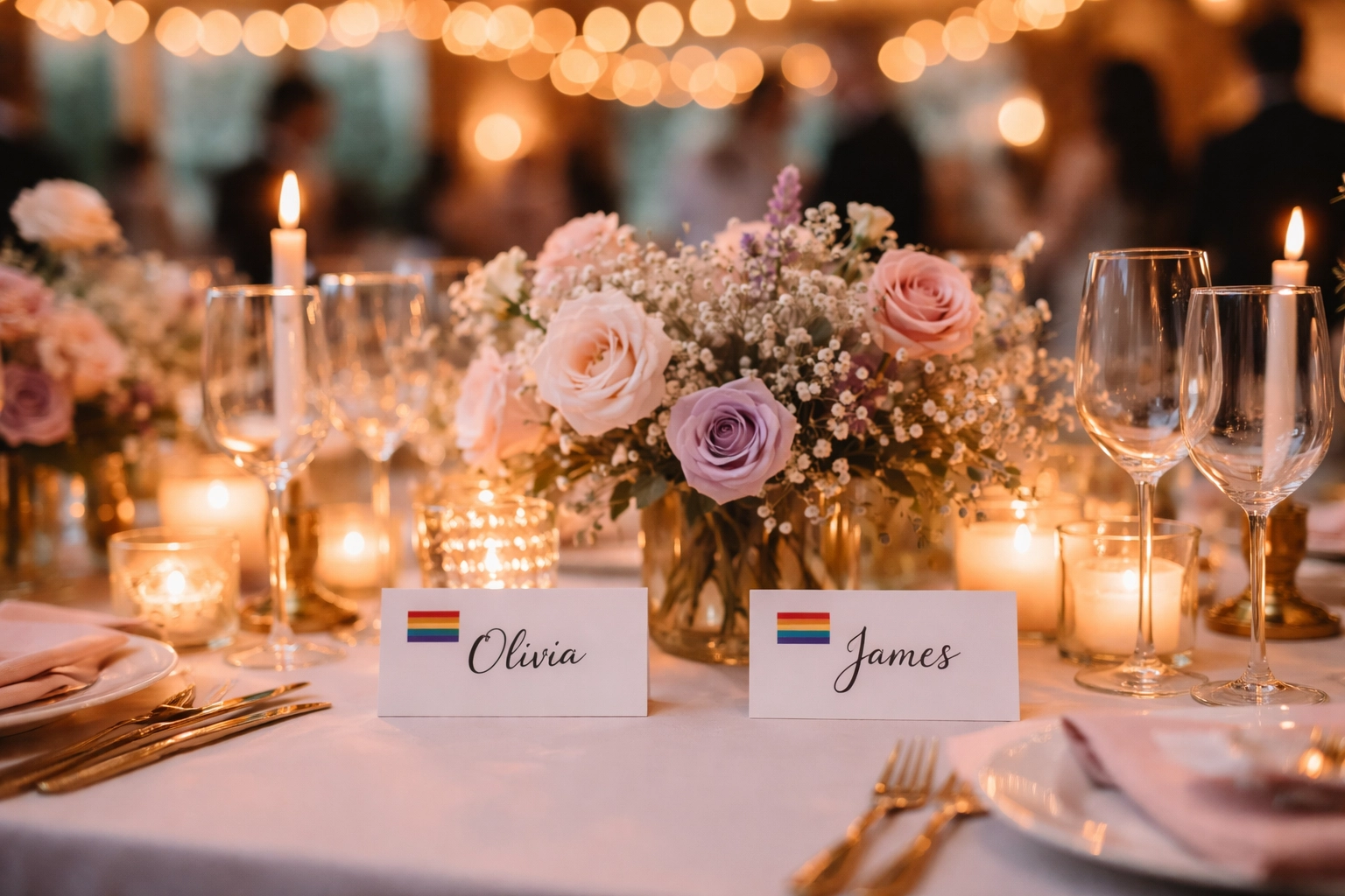Wedding reception table with inclusive place cards and pride flags, representing LGBTQ+ affirming wedding decor and environment.