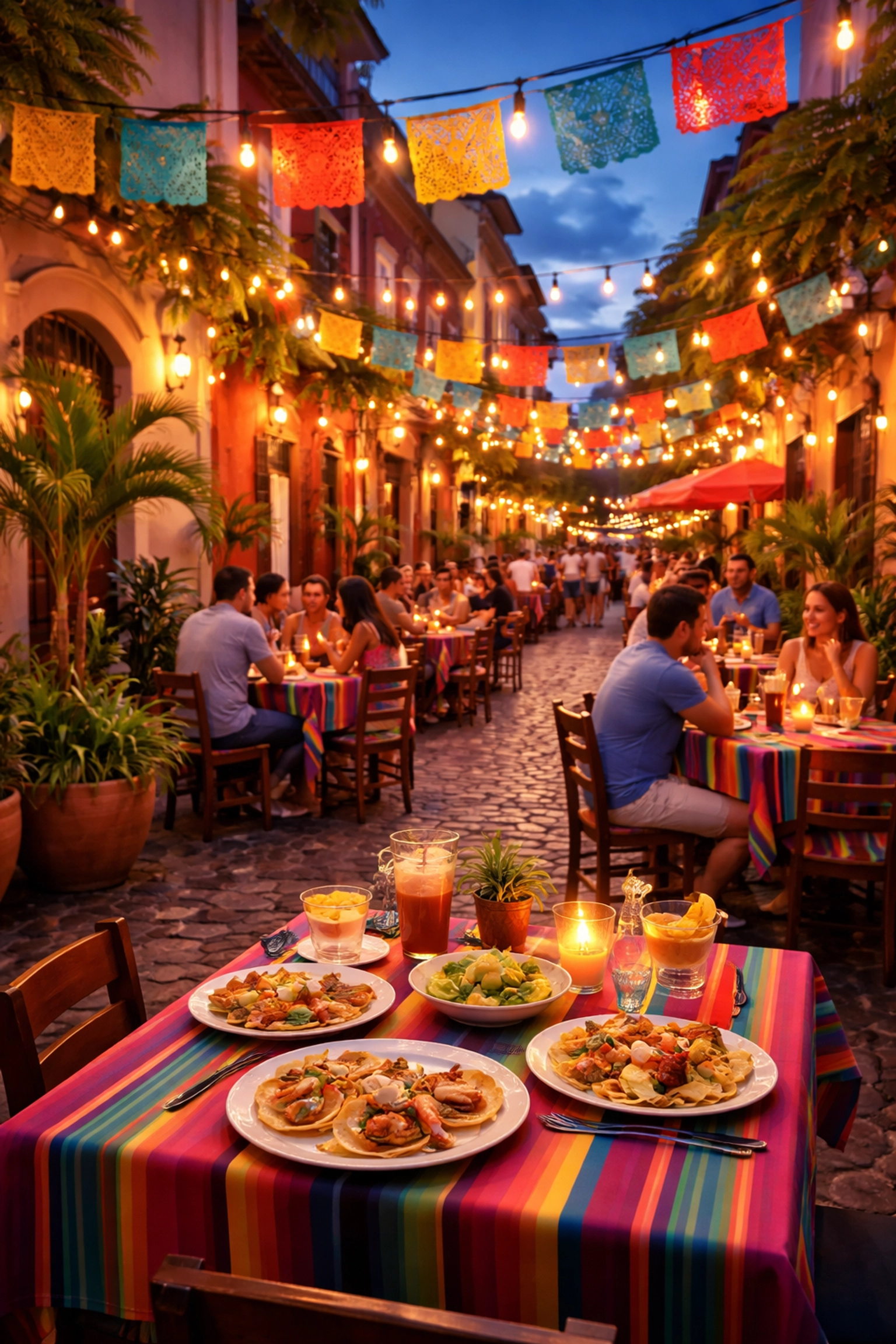 Festive outdoor dining scene at a Mexican restaurant in Old Town Puerto Vallarta at dusk
