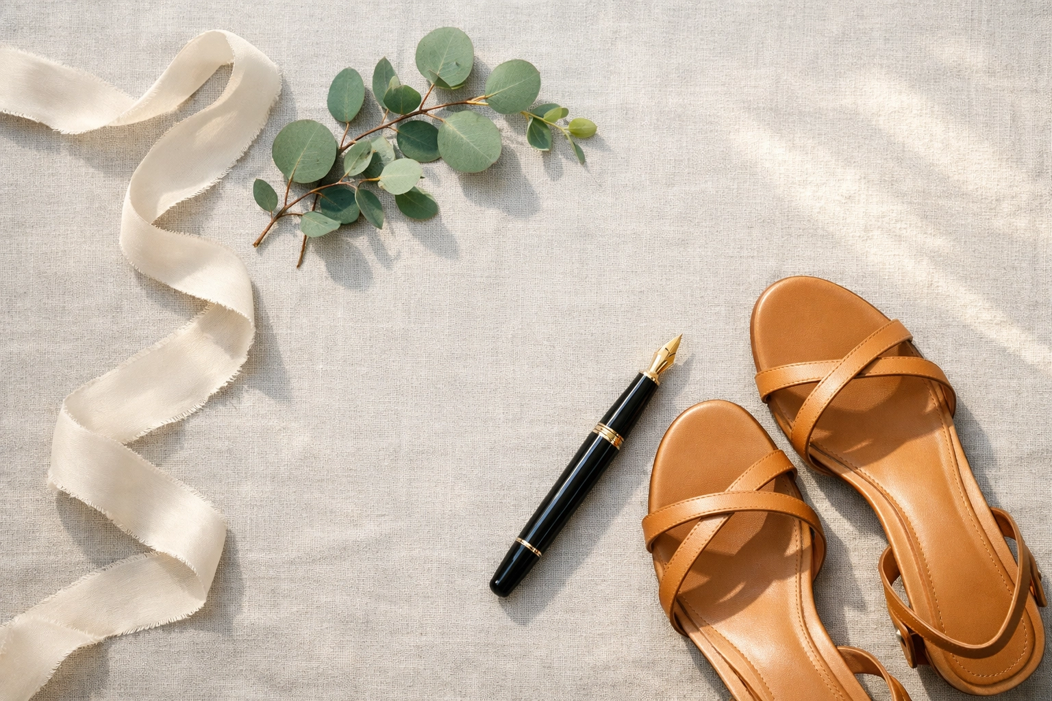 Minimalist flat-lay of wedding accessories representing organized and debt-free wedding event planning.