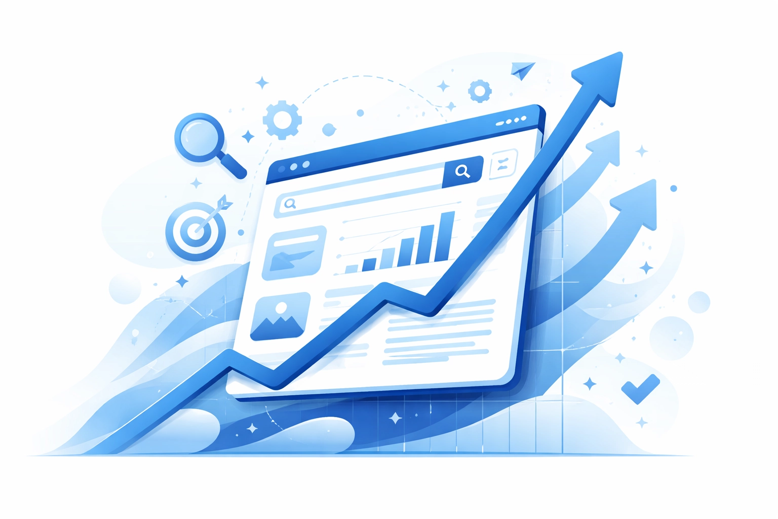 Modern depiction of a website achieving high SEO rankings and increased organic web traffic