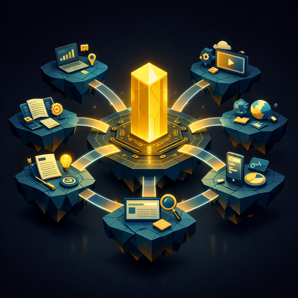 Digital ecosystem diagram illustrating a content creation strategy using pillar and cluster models.