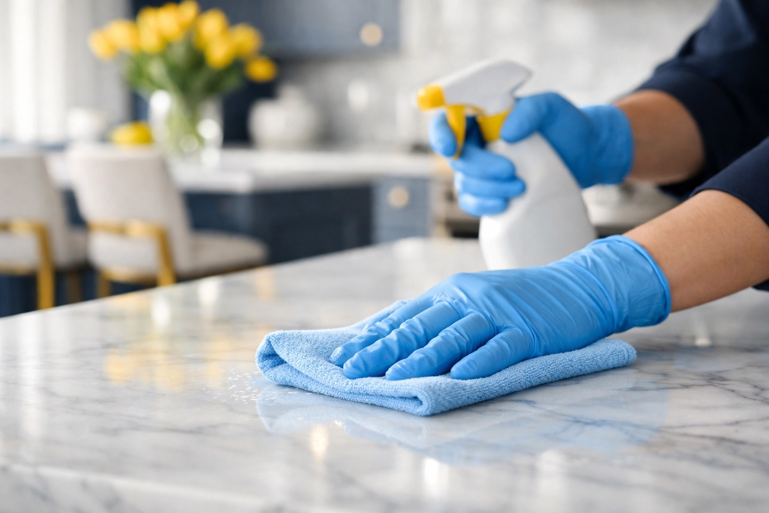 Cleaner wiping down a marble kitchen island in a newly renovated Hopkinton home.