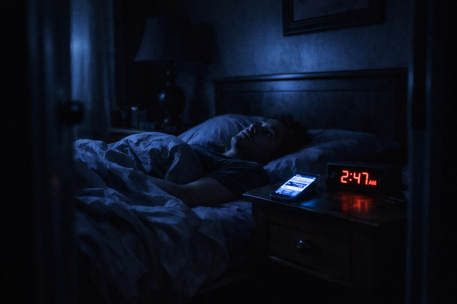 Person lying awake in bed at night unable to sleep after consuming evening news