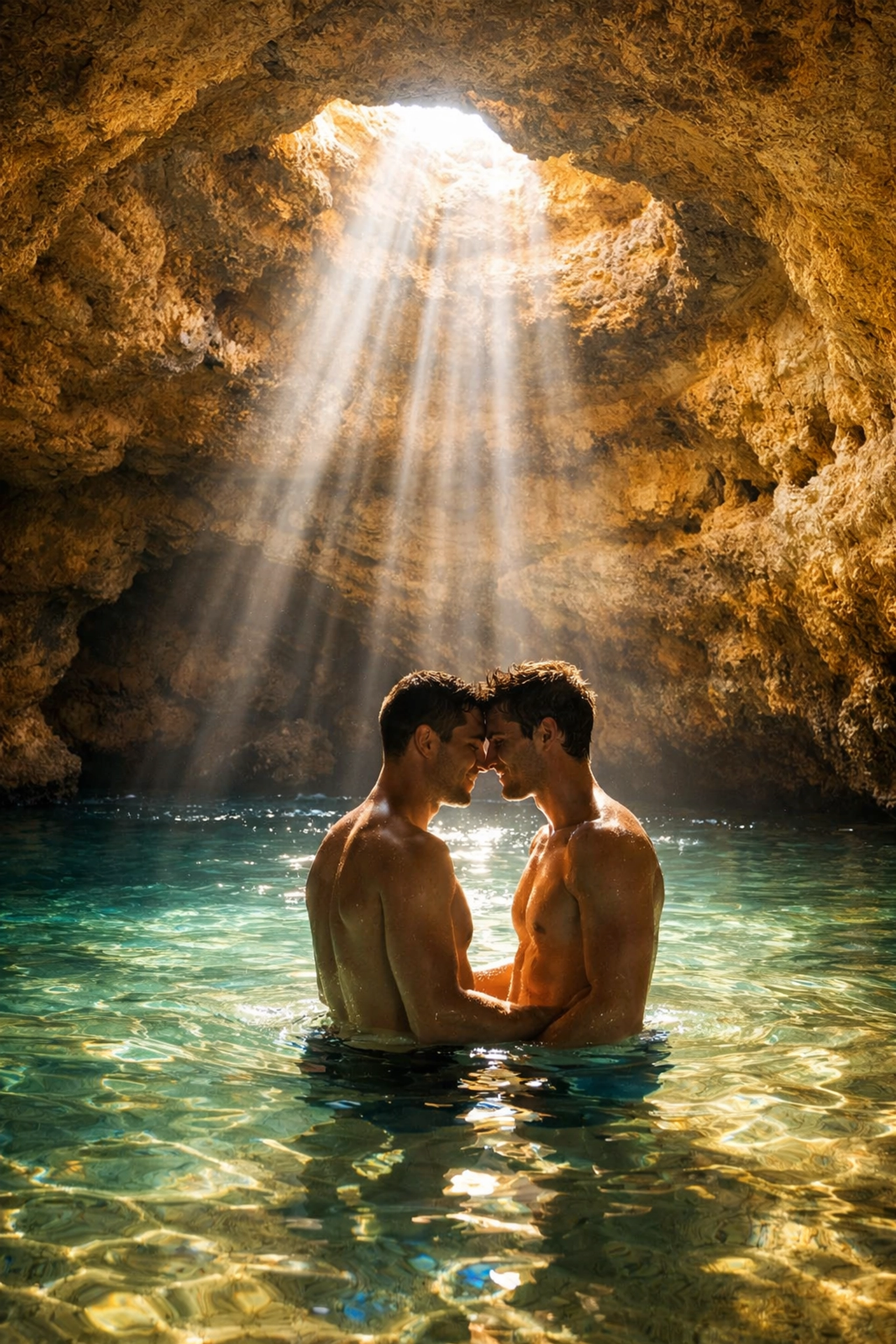 Gay couple in private sea cave with turquoise waters, Marinha Beach Algarve