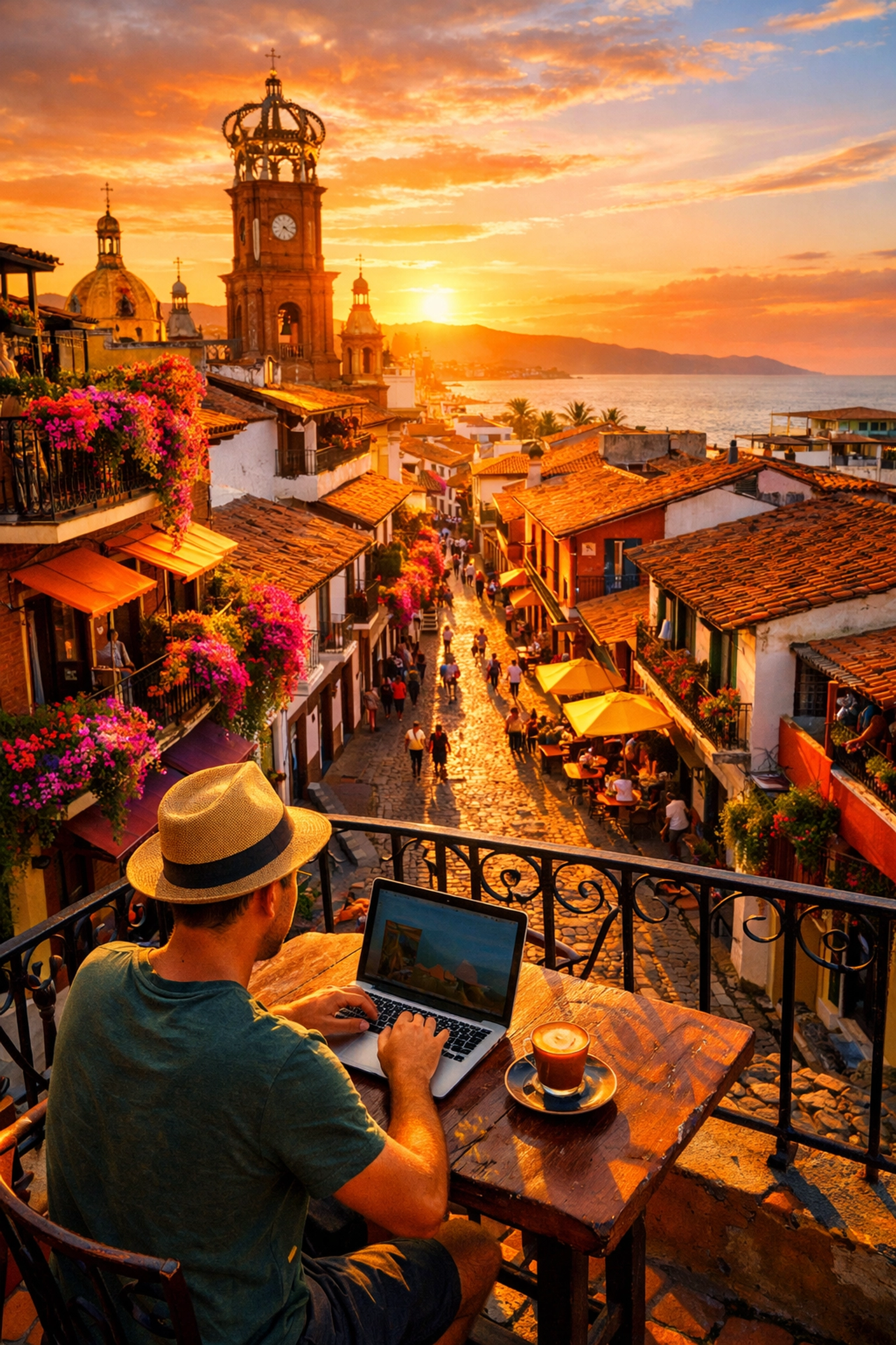 Digital nomad working at outdoor café in Puerto Vallarta Old Town cobblestone streets