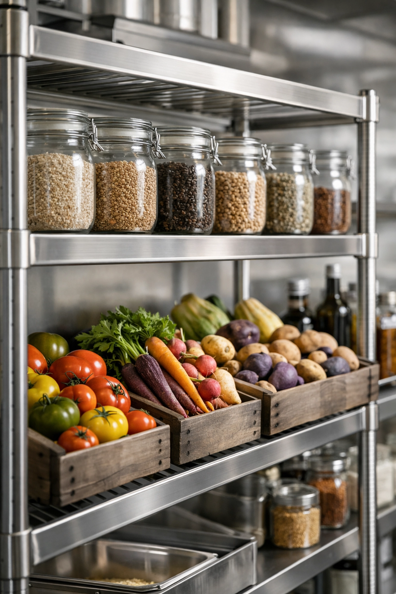 Organized restaurant dry storage featuring stainless steel shelving for efficient FIFO inventory management.