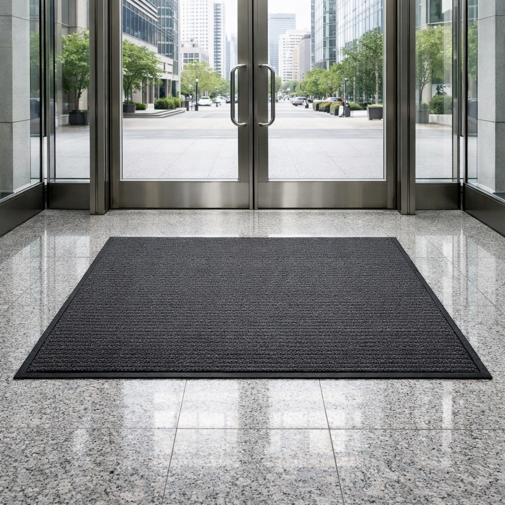 Professional commercial entryway in Detroit with industrial mats and spotless glass doors for building safety.