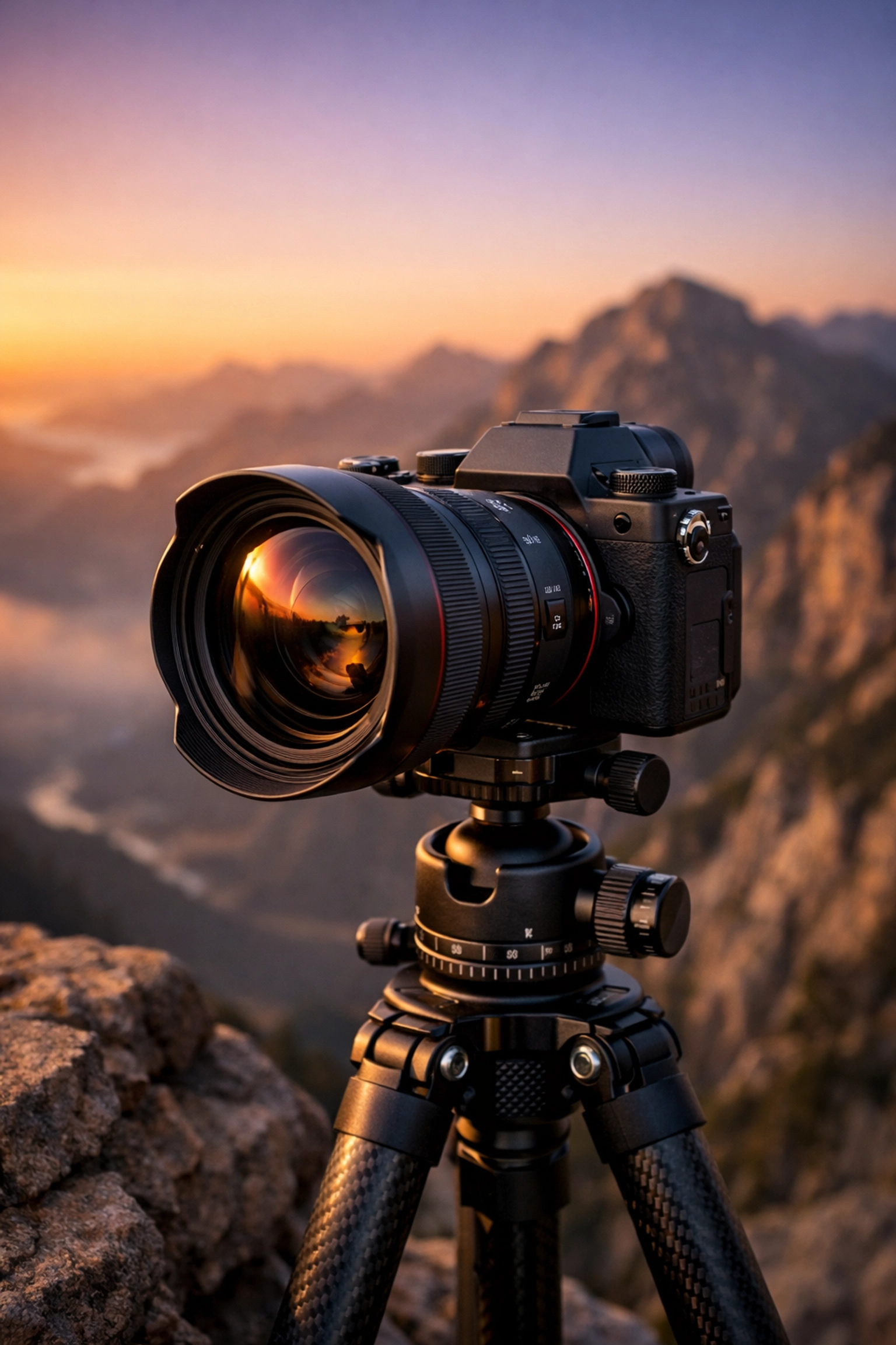 Professional mirrorless camera on a tripod, one of the best mirrorless cameras for landscape photography.