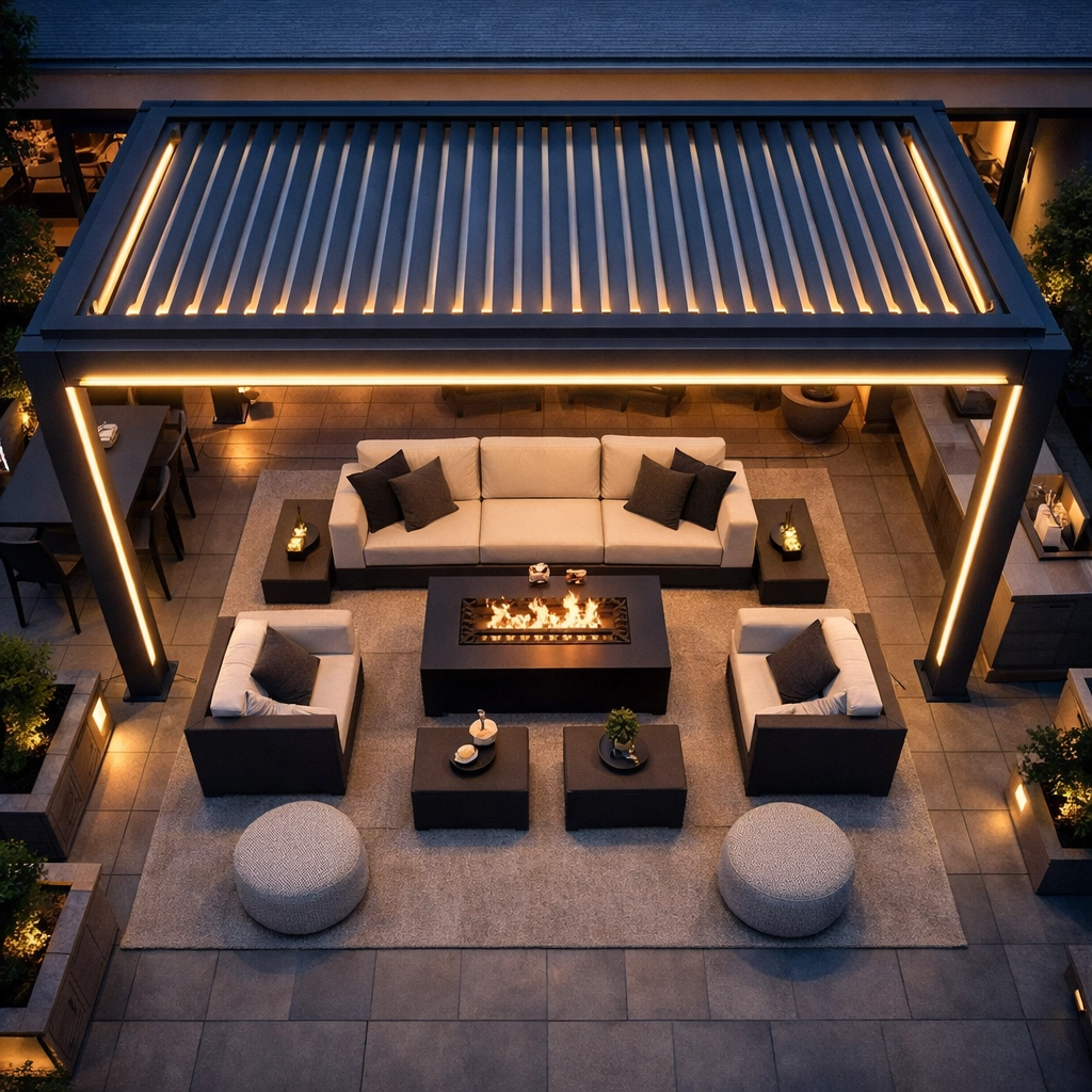 Beleuchtete Terrassenüberdachung Wien am Abend – kompletter Outdoor Living Bereich