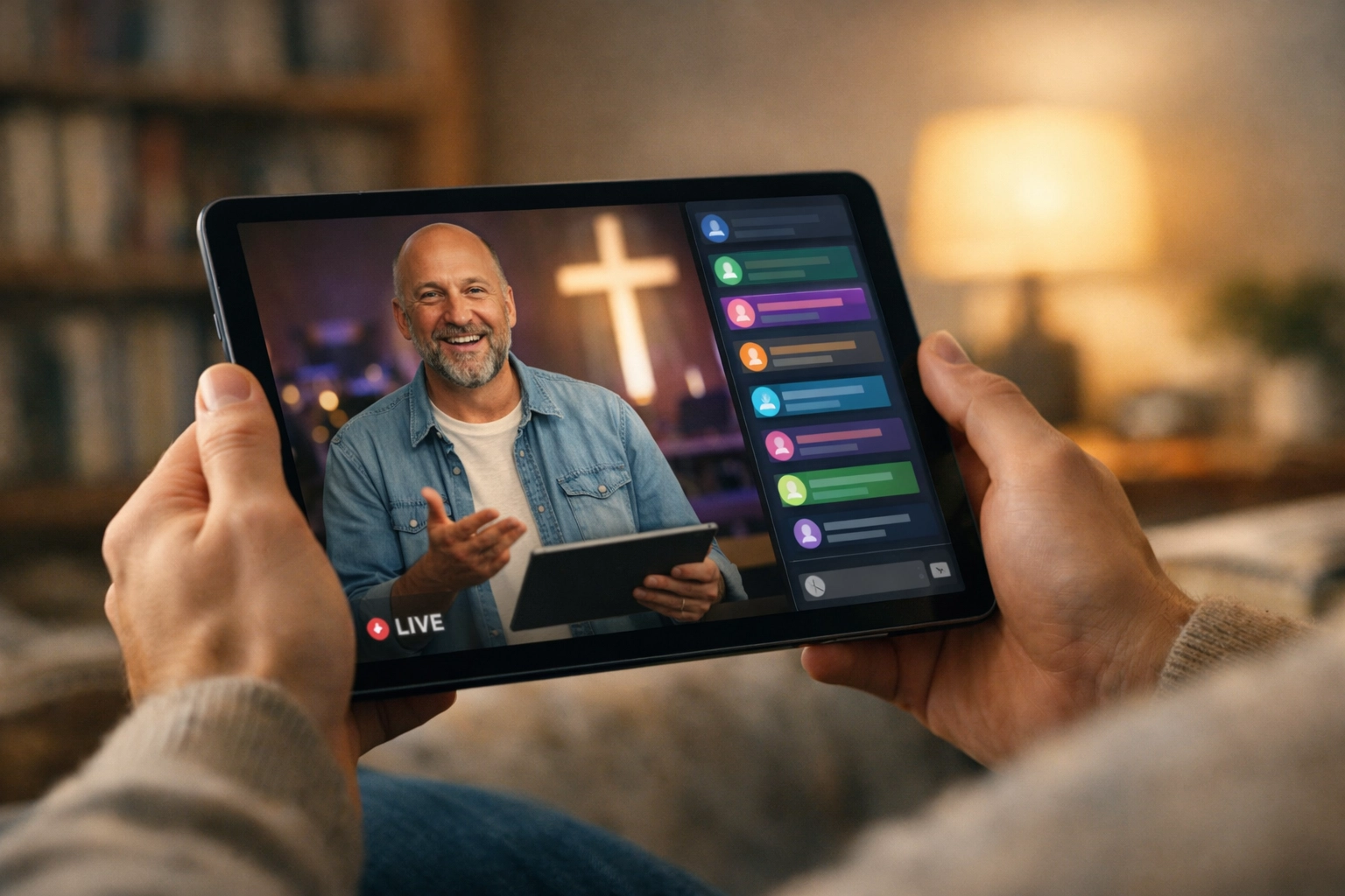 Engaging with a digital church community and live stream service on a tablet.