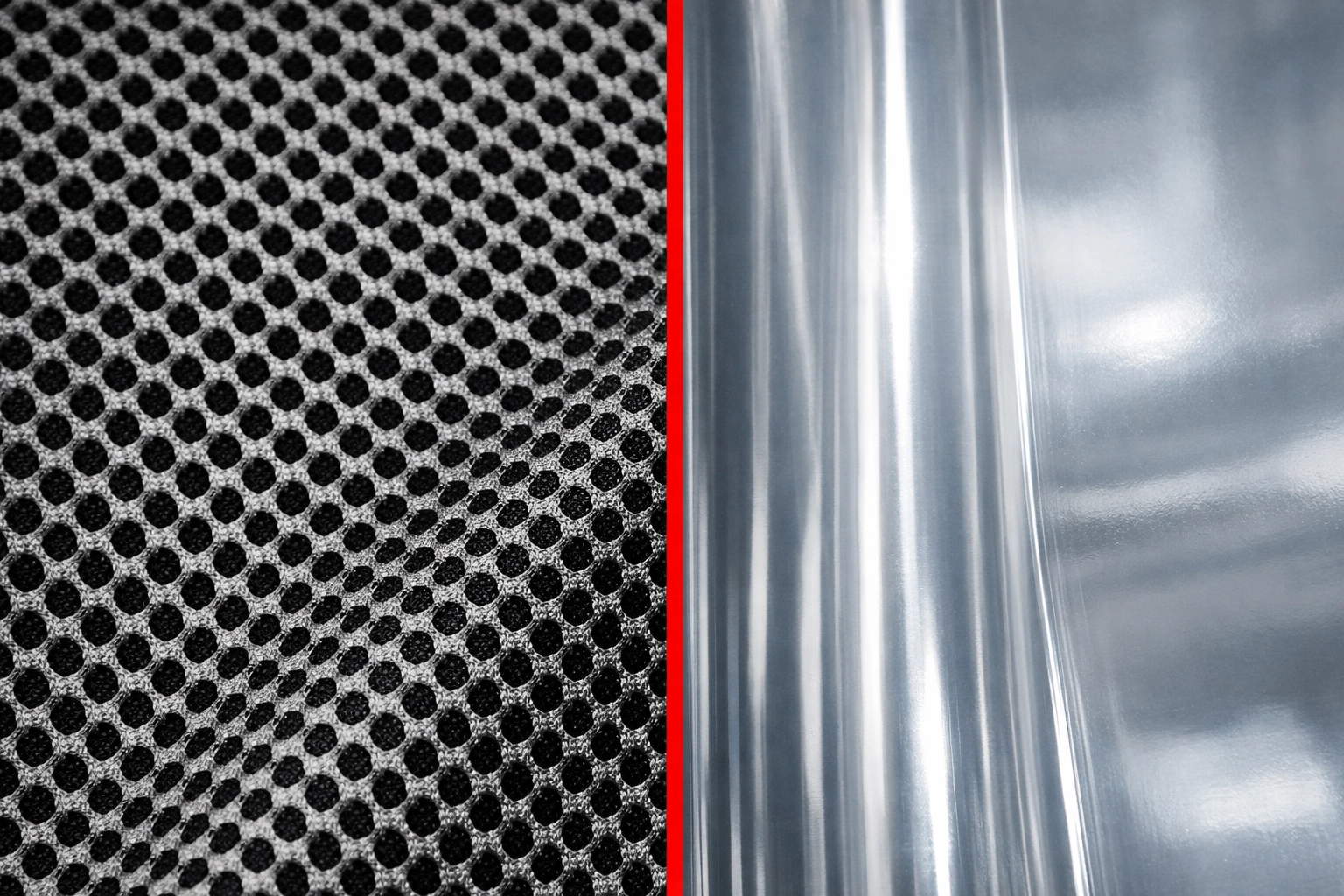 Comparison of breathable Flymesh curtains and smooth PVC strip curtains for industrial hygiene.