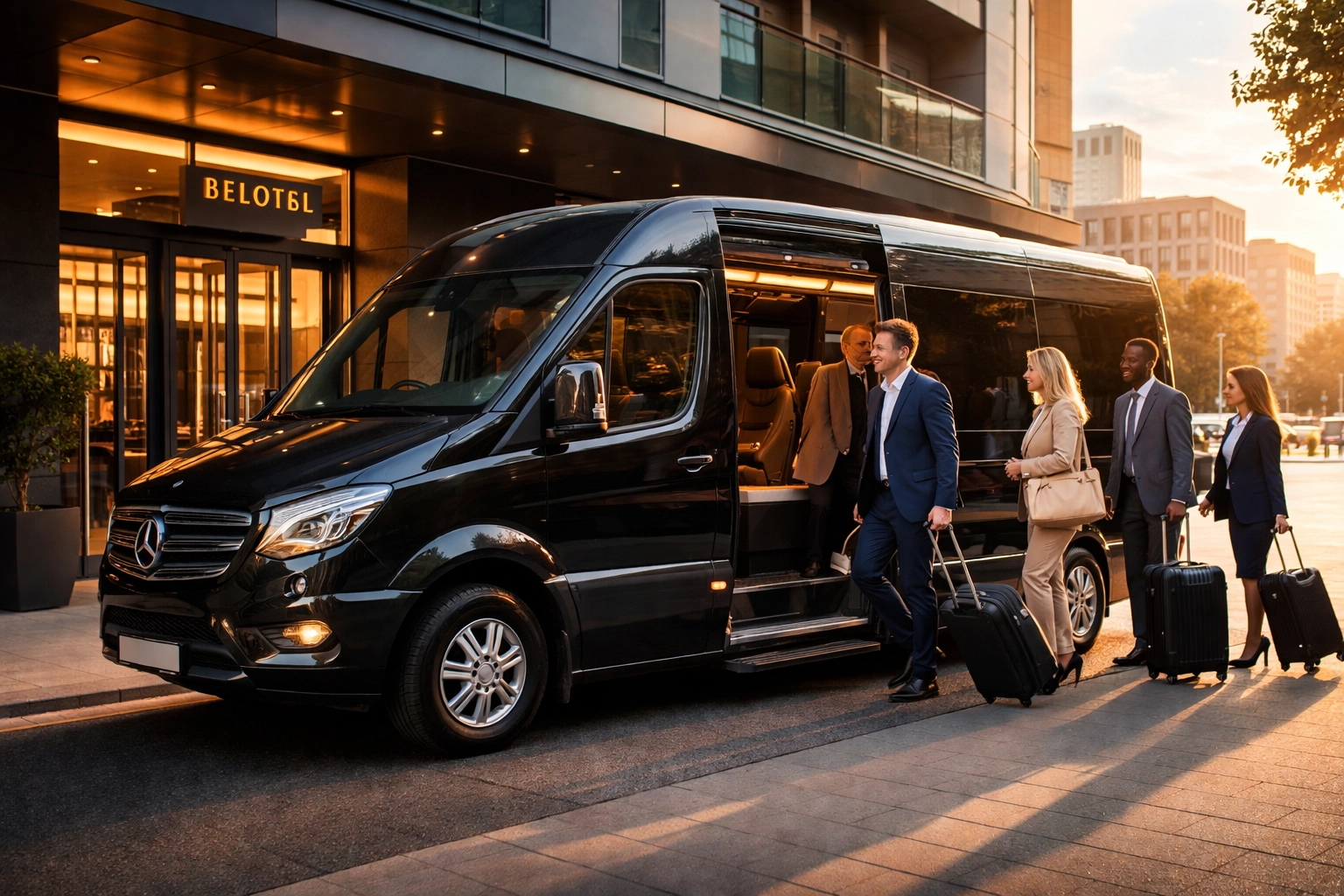 Business travelers boarding a spacious minibus for a group transfer from Belfast hotel during early morning hours.