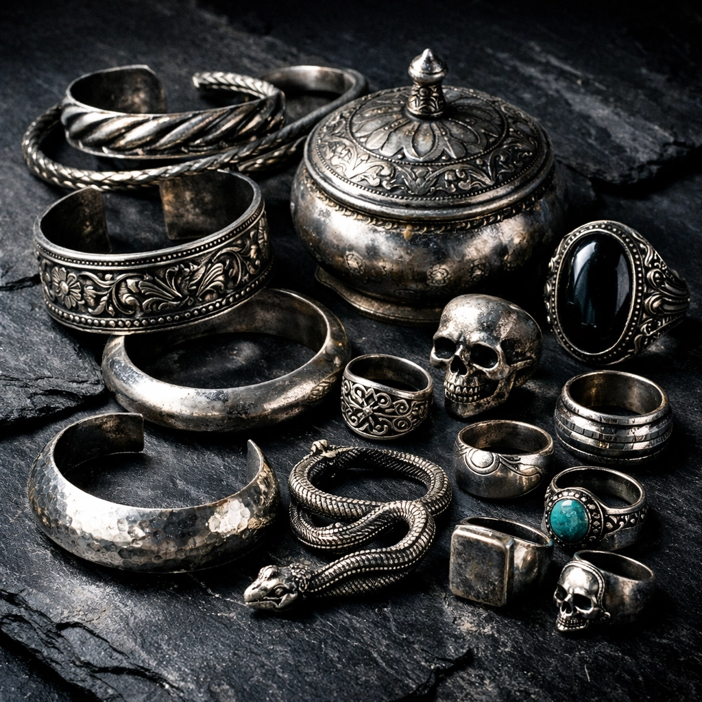Tarnished sterling silver jewelry pieces showing valuable estate items