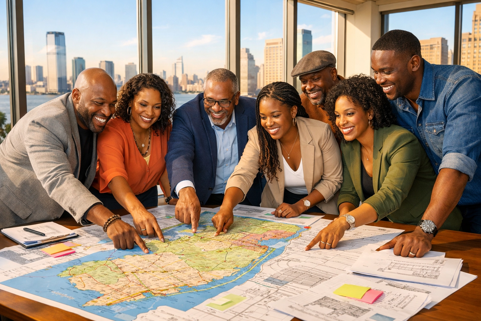 NJ business leaders collaborating on family assistance programs in a professional, sunlit office setting.