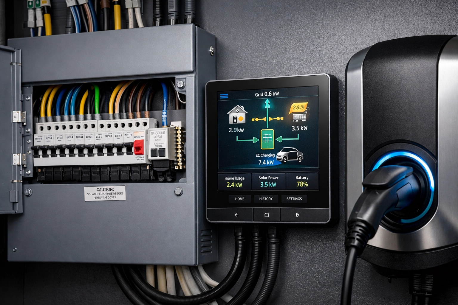 Home electrical panel and EV charging infrastructure installation showing power management system