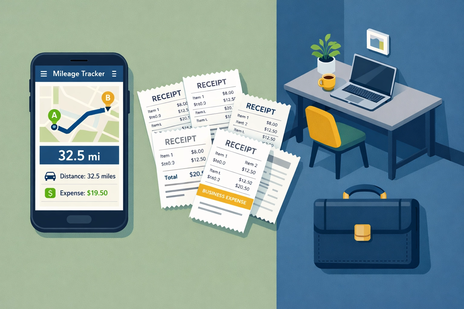 Organized workspace with mileage tracker and receipts for tracking work-related tax deductions
